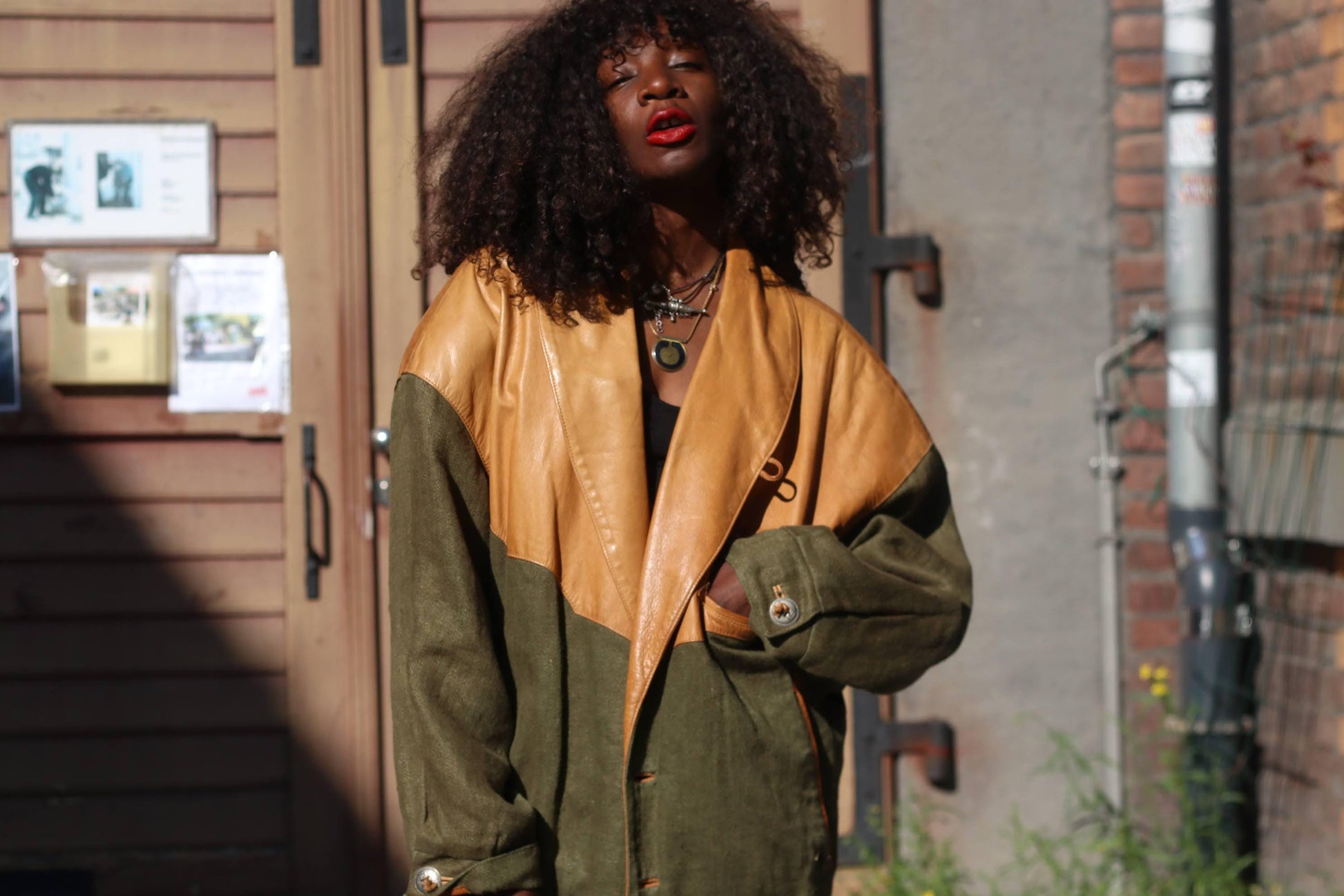 Vintage Leather & Linen Oversized Jacket| Unisex 90s Bomber Style in Tan Olive Green, Statement Outerwear, Retro Streetwear