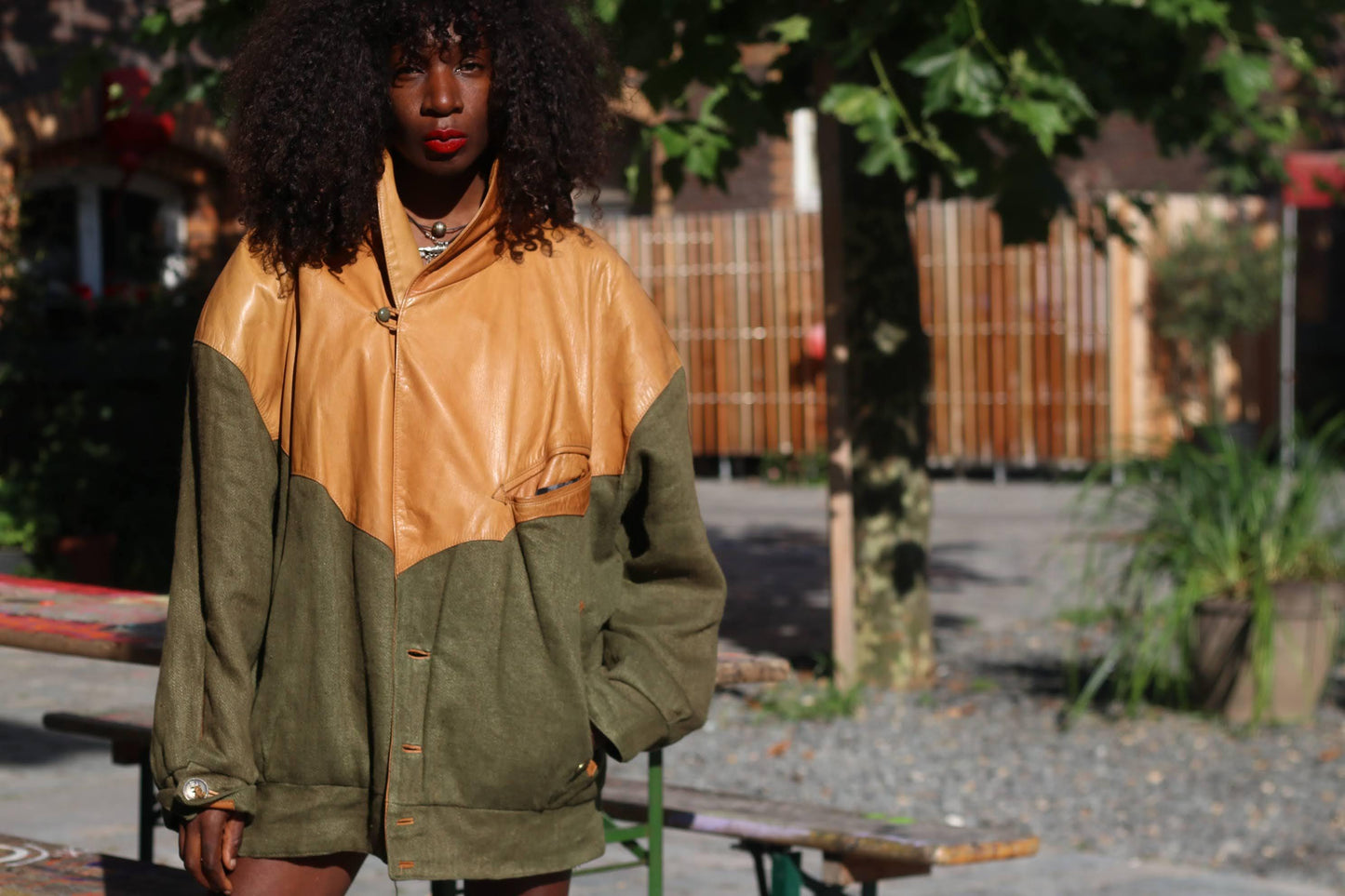 Vintage Leather & Linen Oversized Jacket| Unisex 90s Bomber Style in Tan Olive Green, Statement Outerwear, Retro Streetwear