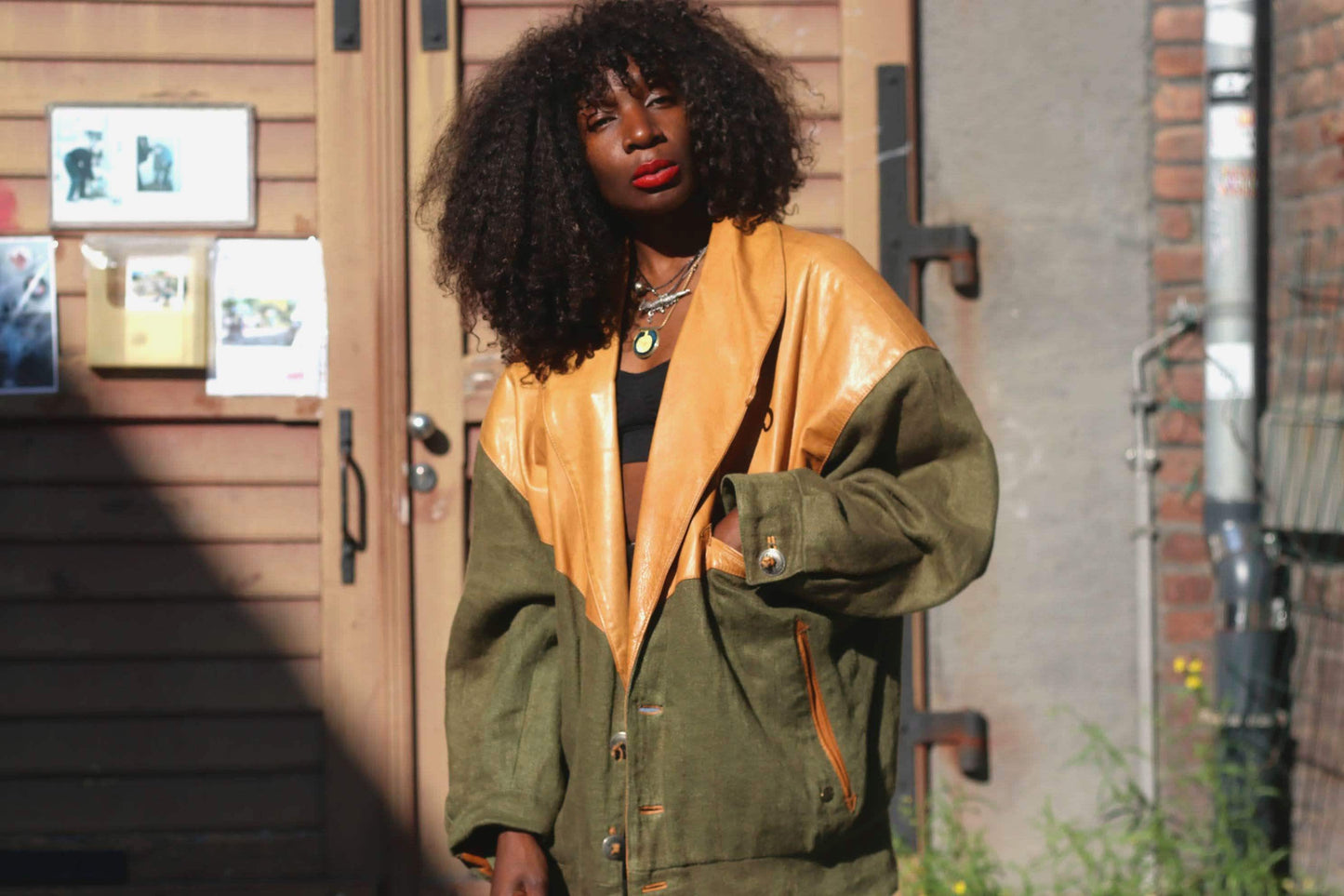 Vintage Leather & Linen Oversized Jacket| Unisex 90s Bomber Style in Tan Olive Green, Statement Outerwear, Retro Streetwear
