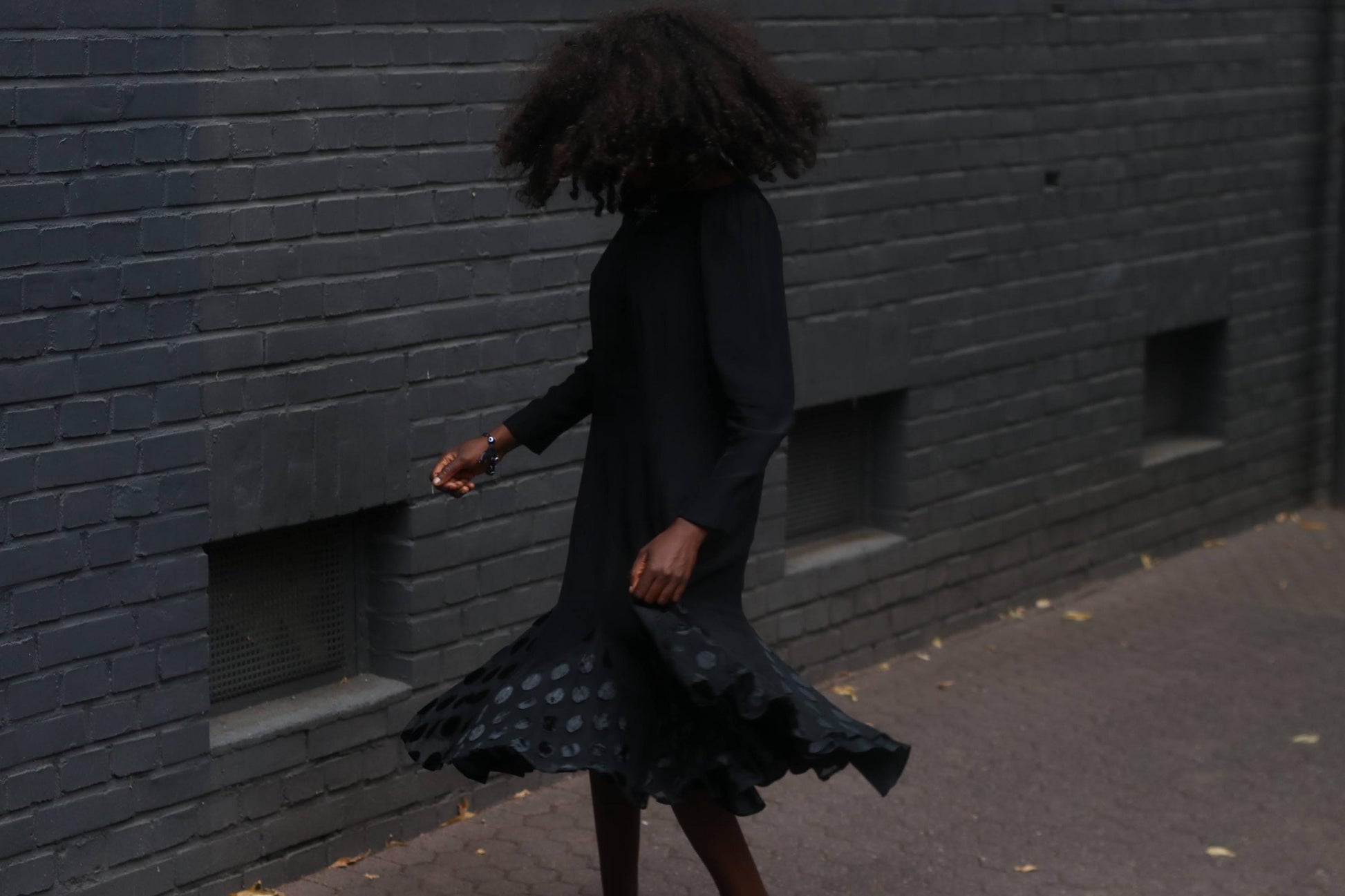 Vintage Black Swing Dress | Polka Dot Mesh Hem | 80s Long Sleeve Midi Dress | Fit & Flare Party Dress | Size S | Classic Elegant Style