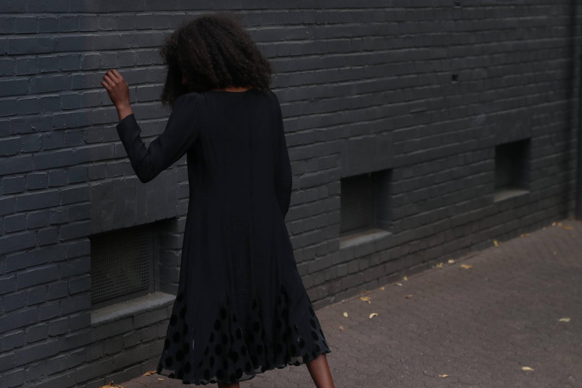Vintage Black Swing Dress | Polka Dot Mesh Hem | 80s Long Sleeve Midi Dress | Fit & Flare Party Dress | Size S | Classic Elegant Style