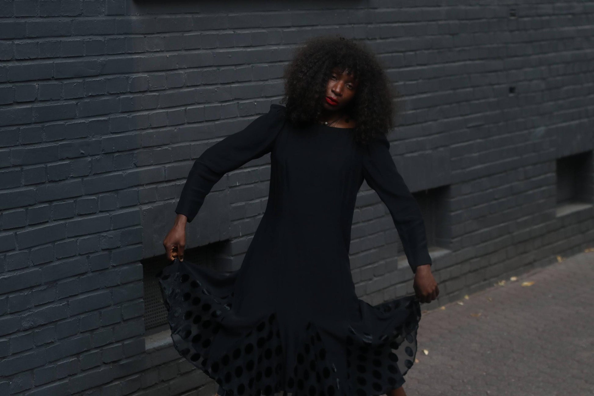 Vintage Black Swing Dress | Polka Dot Mesh Hem | 80s Long Sleeve Midi Dress | Fit & Flare Party Dress | Size S | Classic Elegant Style