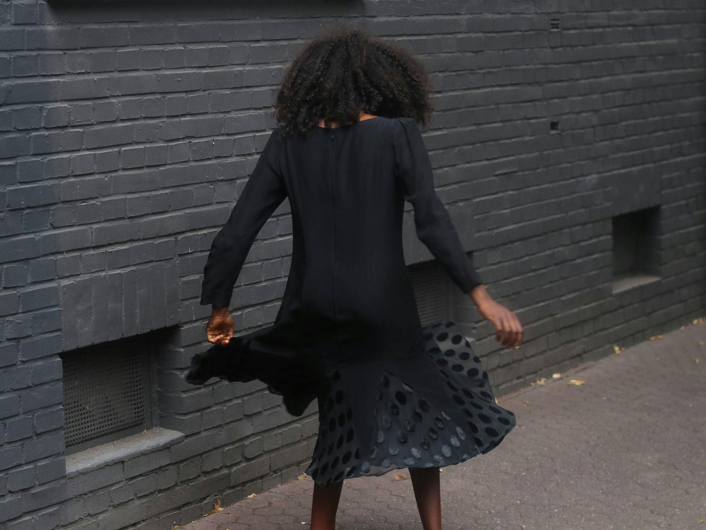 Vintage Black Swing Dress | Polka Dot Mesh Hem | 80s Long Sleeve Midi Dress | Fit & Flare Party Dress | Size S | Classic Elegant Style