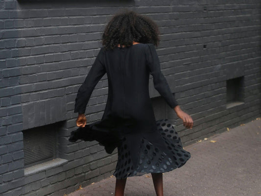 Vintage Black Swing Dress | Polka Dot Mesh Hem | 80s Long Sleeve Midi Dress | Fit & Flare Party Dress | Size S | Classic Elegant Style