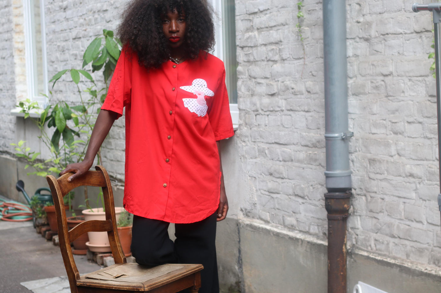 Vintage Red Blazer: Whimsical Lady Print Oversized Shirt Jacket