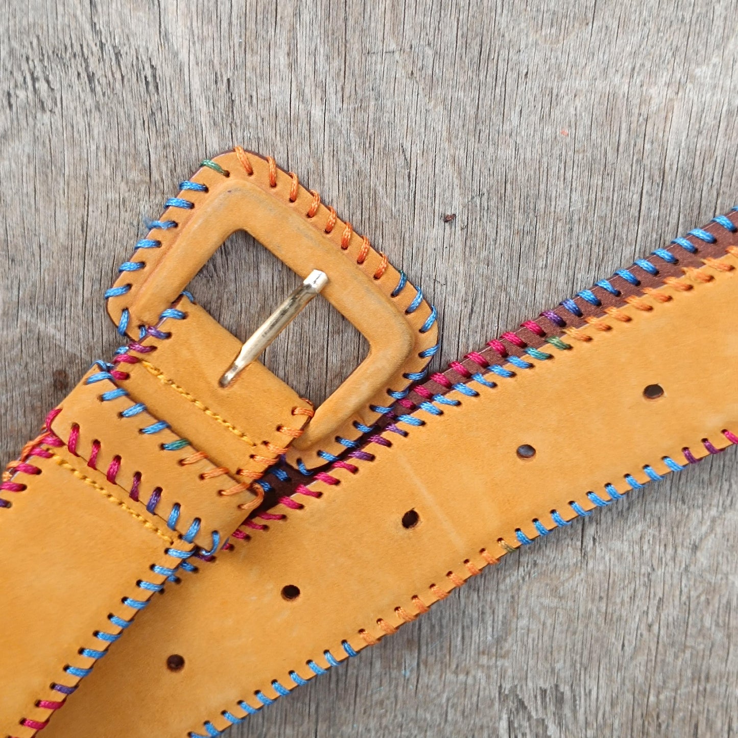 Vintage Mustard Yellow Suede Belt Colorful Whipstitch Embroidery Boho Leather Waist Belt