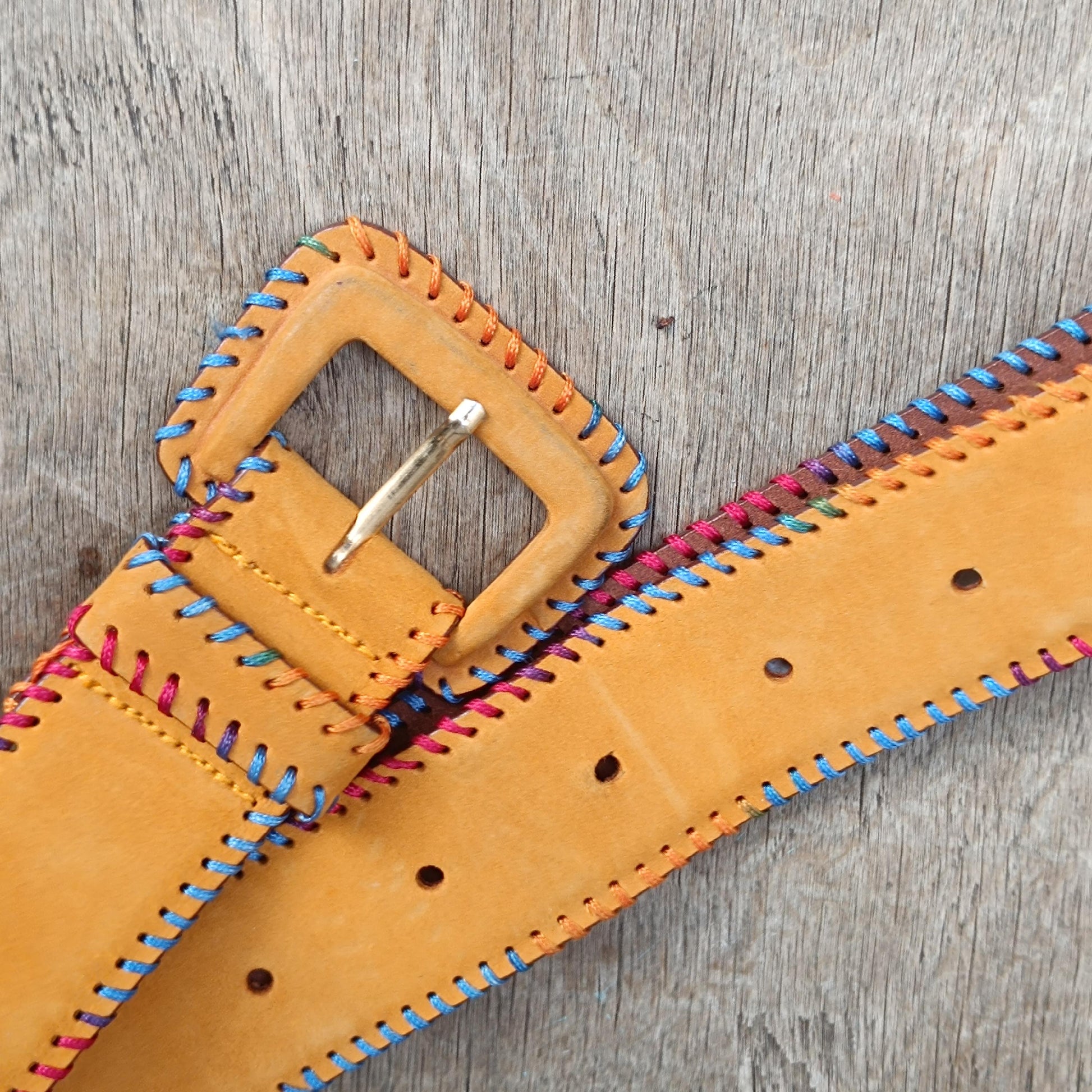 Vintage Mustard Yellow Suede Belt Colorful Whipstitch Embroidery Boho Leather Waist Belt