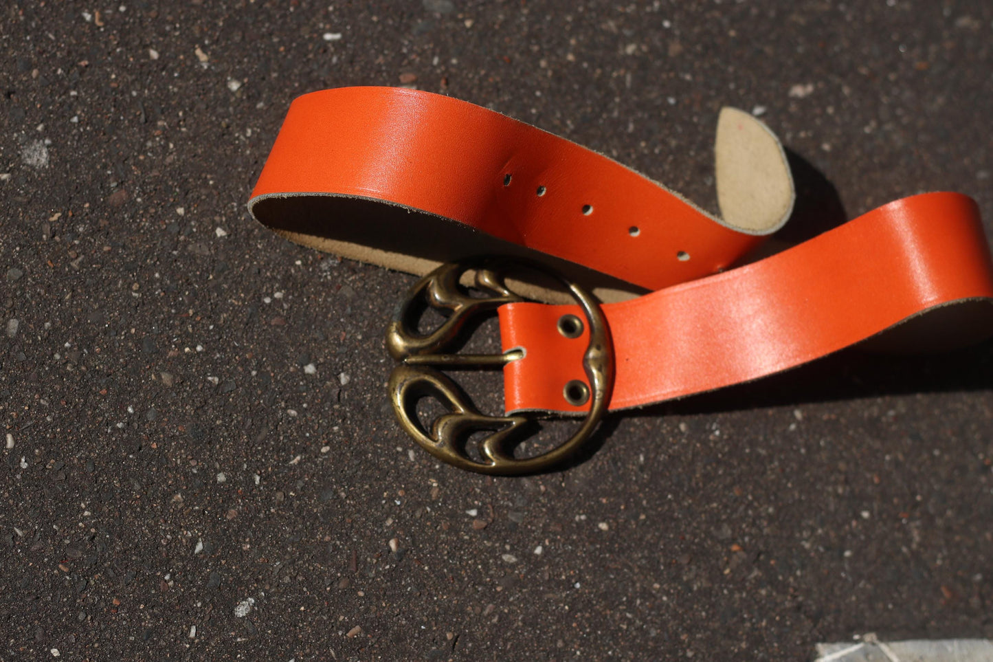 Vintage Orange Leather Belt, Wide Statement Belt, Ornate Brass Buckle, Women's Unique Accessory
