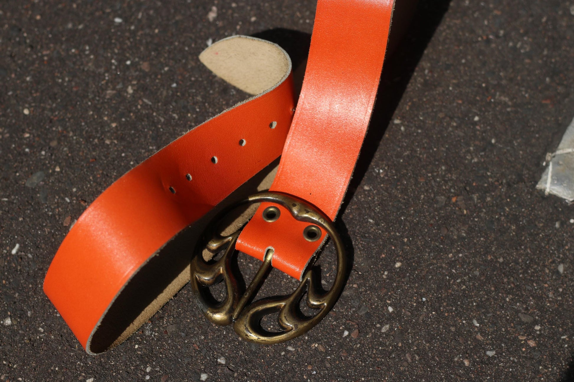 Vintage Orange Leather Belt, Wide Statement Belt, Ornate Brass Buckle, Women's Unique Accessory