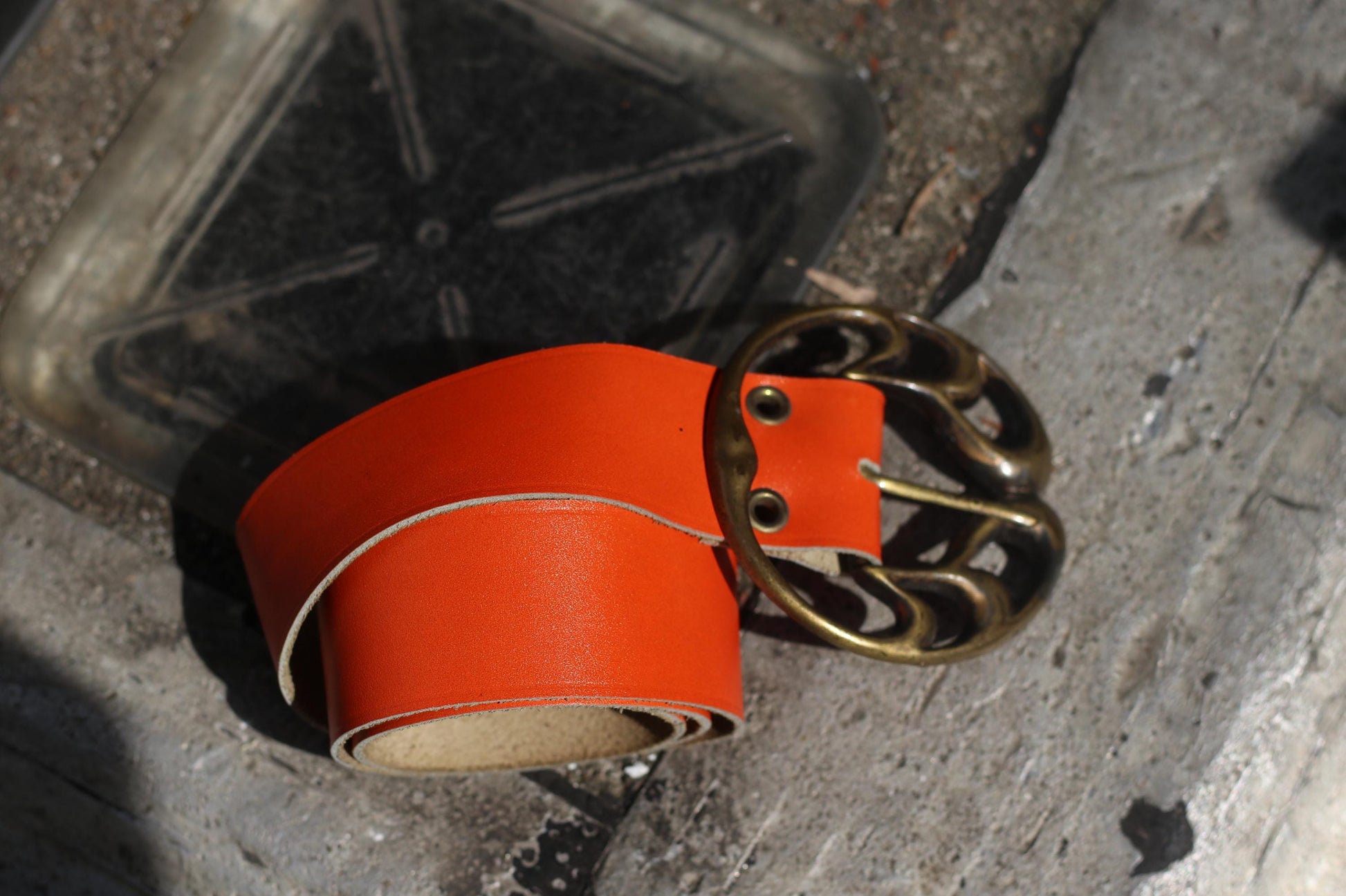 Vintage Orange Leather Belt, Wide Statement Belt, Ornate Brass Buckle, Women's Unique Accessory