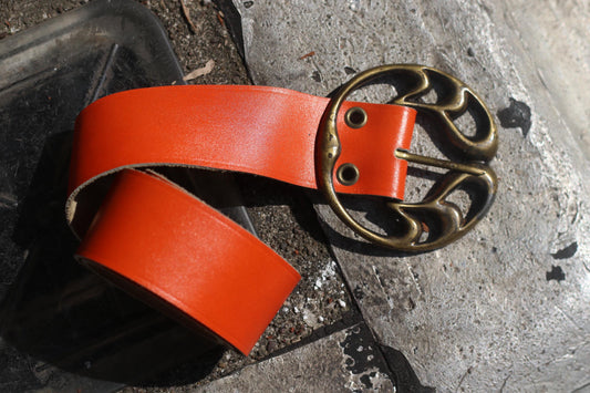 Vintage Orange Leather Belt, Wide Statement Belt, Ornate Brass Buckle, Women's Unique Accessory