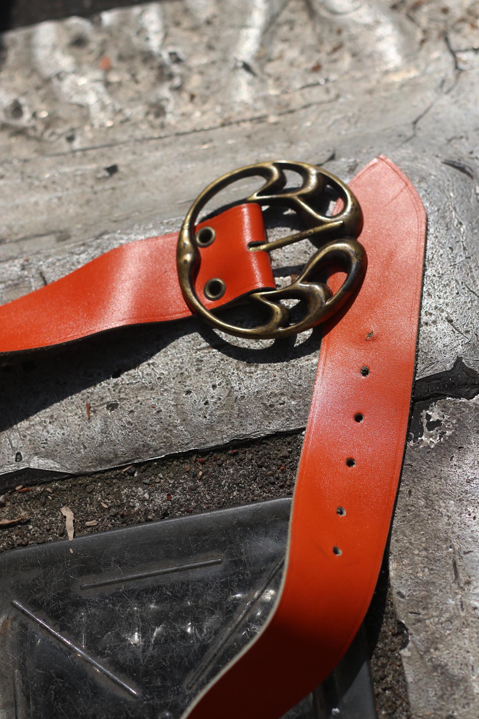 Vintage Orange Leather Belt, Wide Statement Belt, Ornate Brass Buckle, Women's Unique Accessory