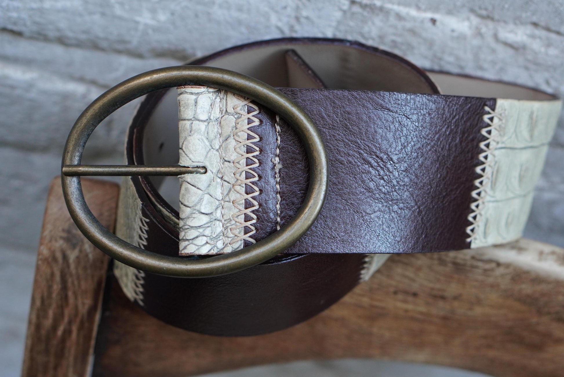 Vintage Croc Embossed Brown Leather Belt: Handmade Italian Brass Buckle