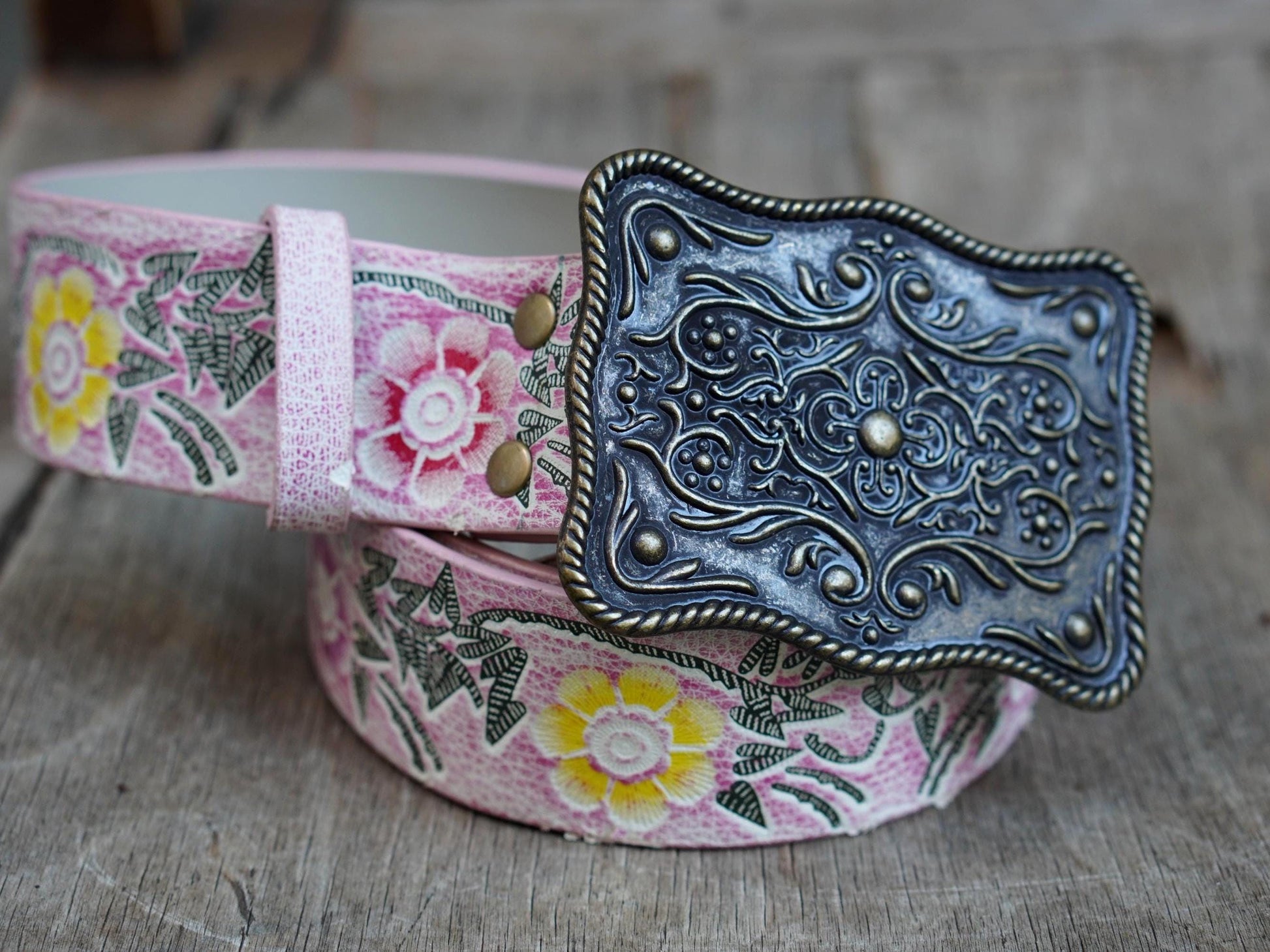 Y2K Floral Leather Belt: Hand Tooled Pink Boho Statement Belt