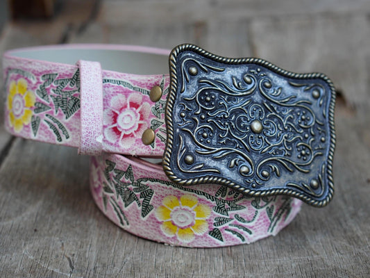 Y2K Floral Leather Belt: Hand Tooled Pink Boho Statement Belt