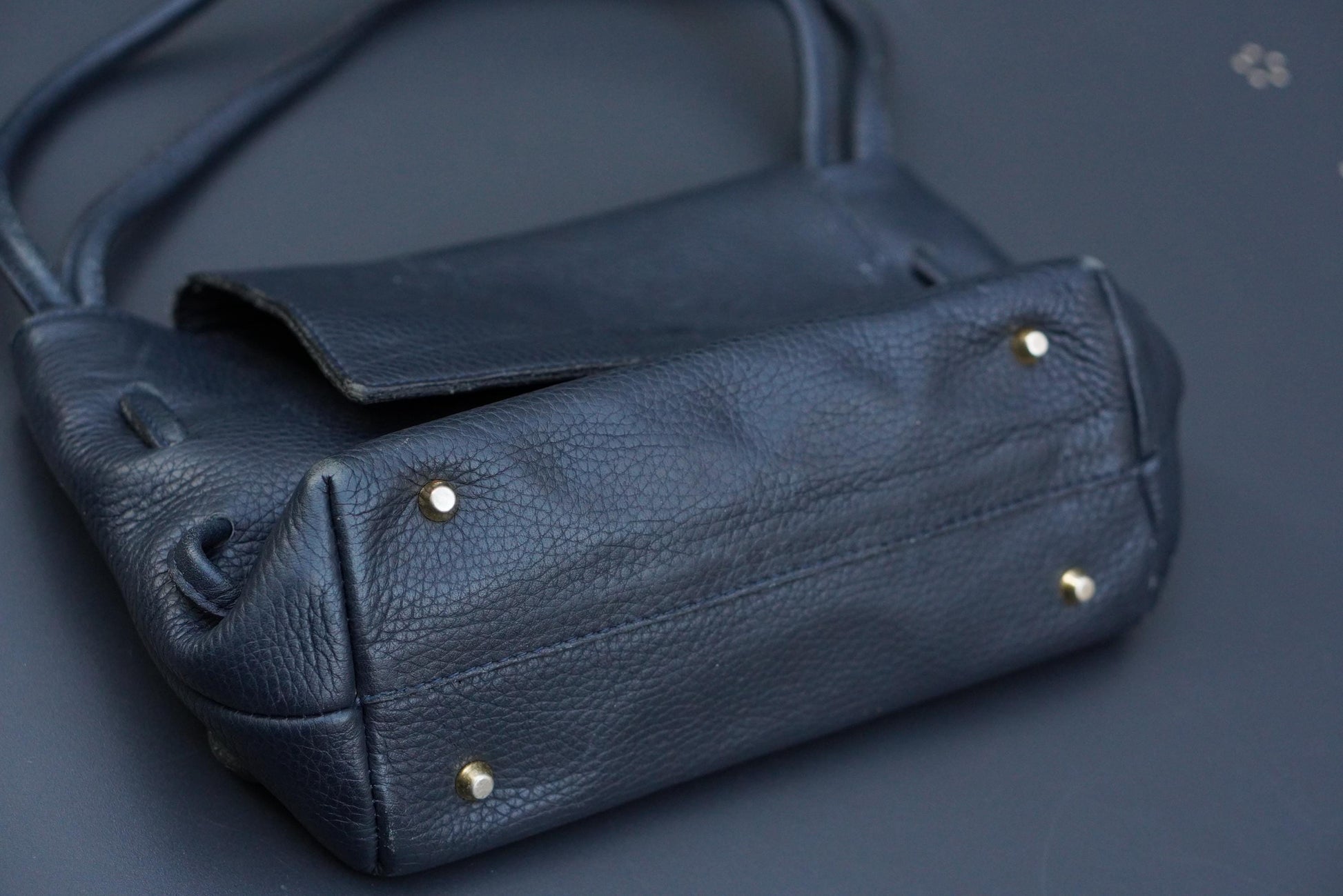 Vintage 90s Navy Grained Leather Mini Flap Bag: Metallic Closure