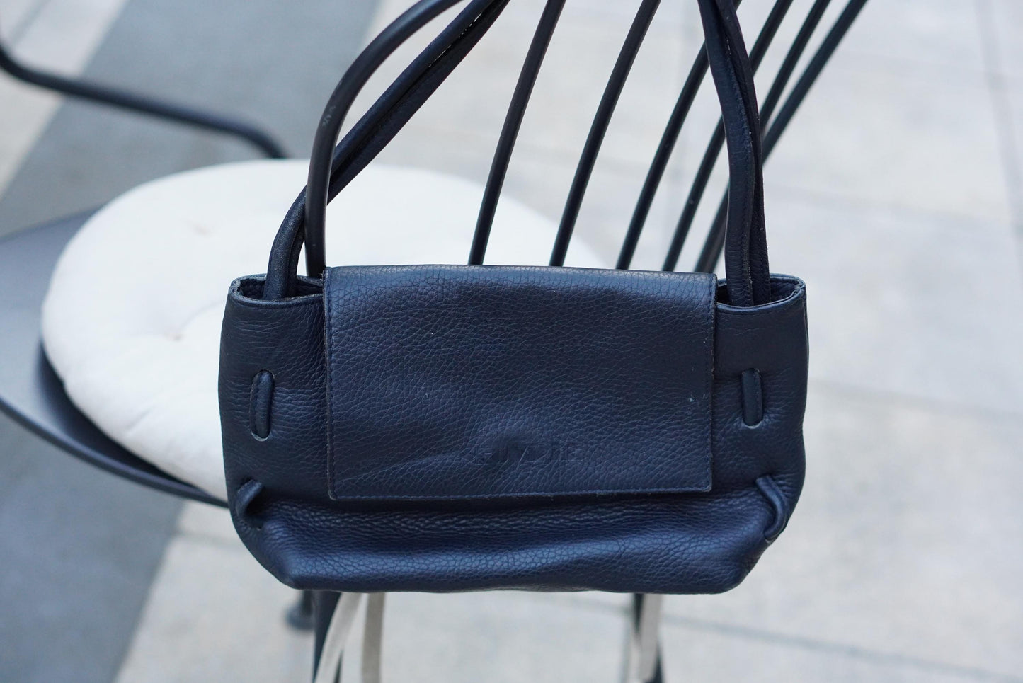 Vintage 90s Navy Grained Leather Mini Flap Bag: Metallic Closure