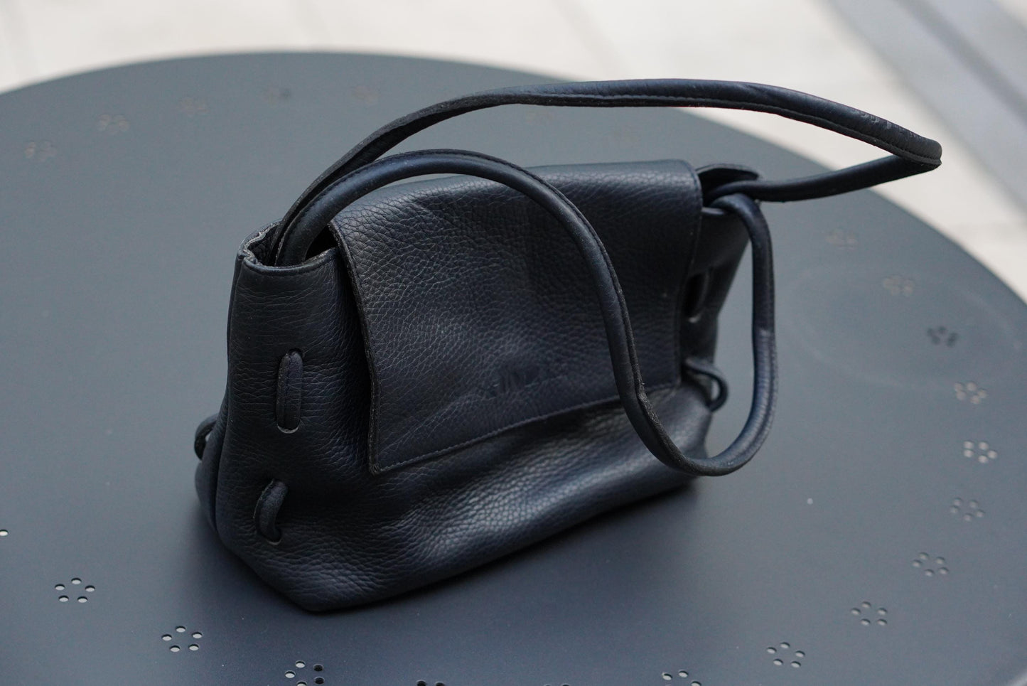 Vintage 90s Navy Grained Leather Mini Flap Bag: Metallic Closure