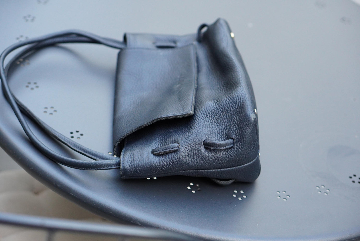 Vintage 90s Navy Grained Leather Mini Flap Bag: Metallic Closure