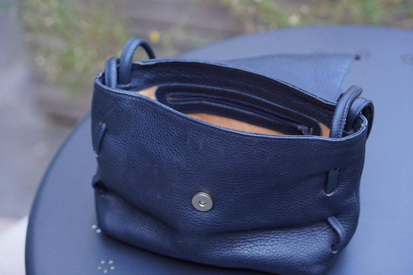 Vintage 90s Navy Grained Leather Mini Flap Bag: Metallic Closure