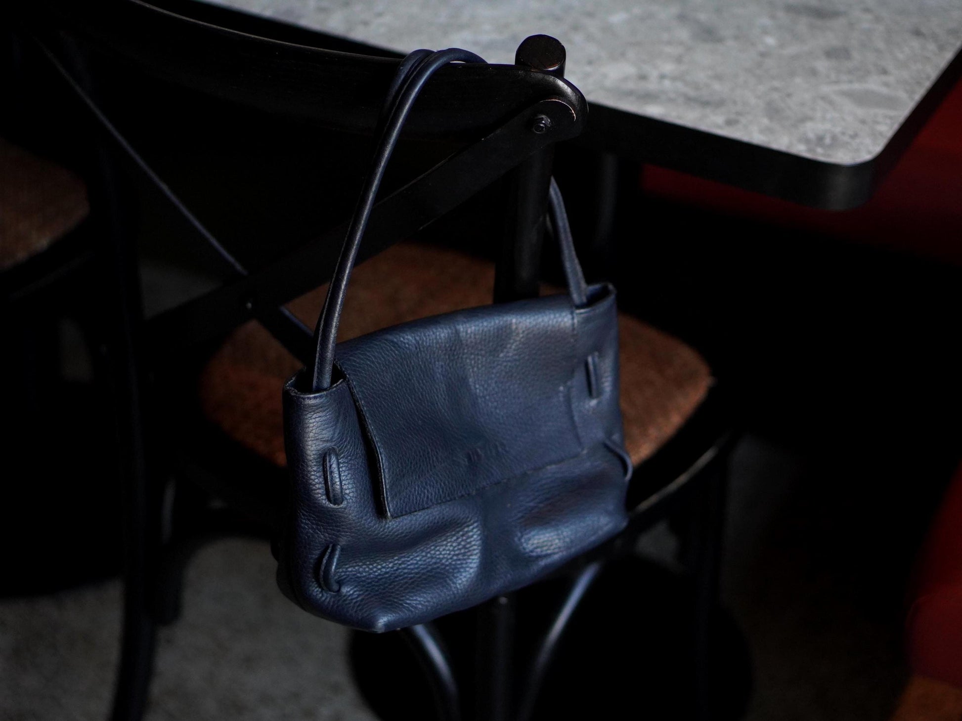 Vintage 90s Navy Grained Leather Mini Flap Bag: Metallic Closure