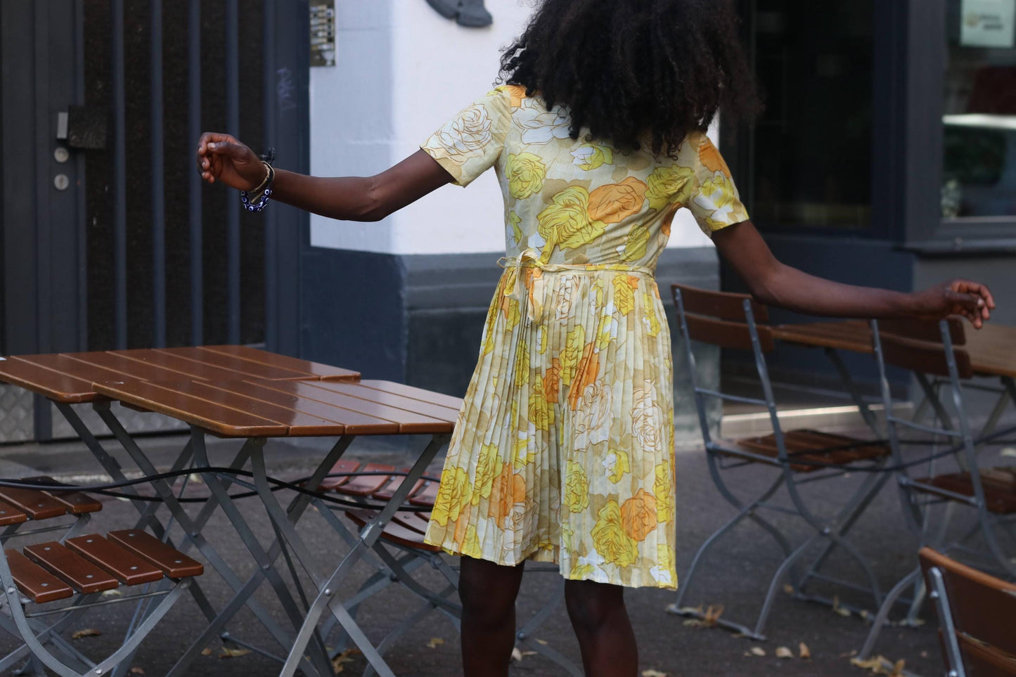 70s Floral Pleated Midi Dress: Vintage Yellow Orange Print Cottagecore