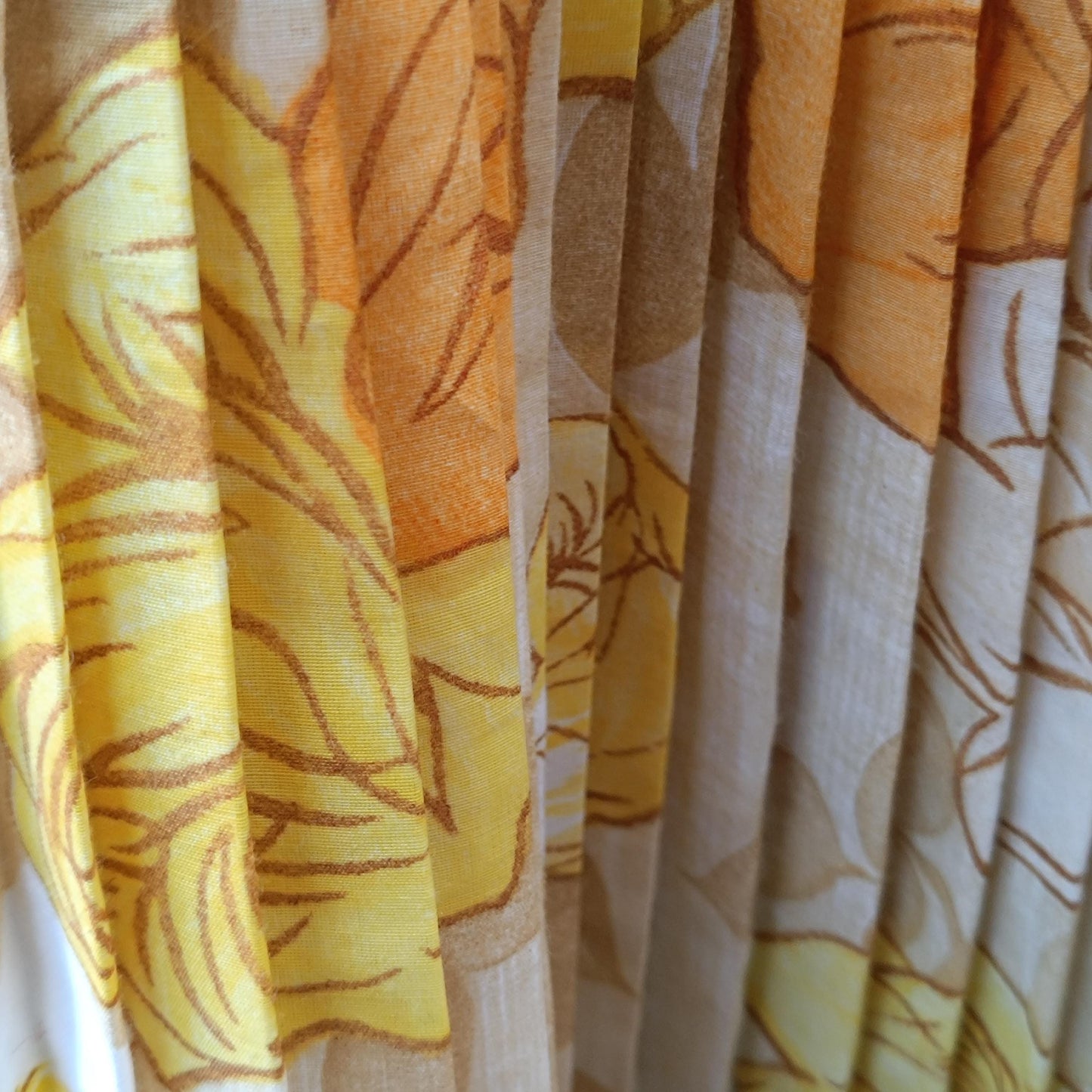 70s Floral Pleated Midi Dress: Vintage Yellow Orange Print Cottagecore