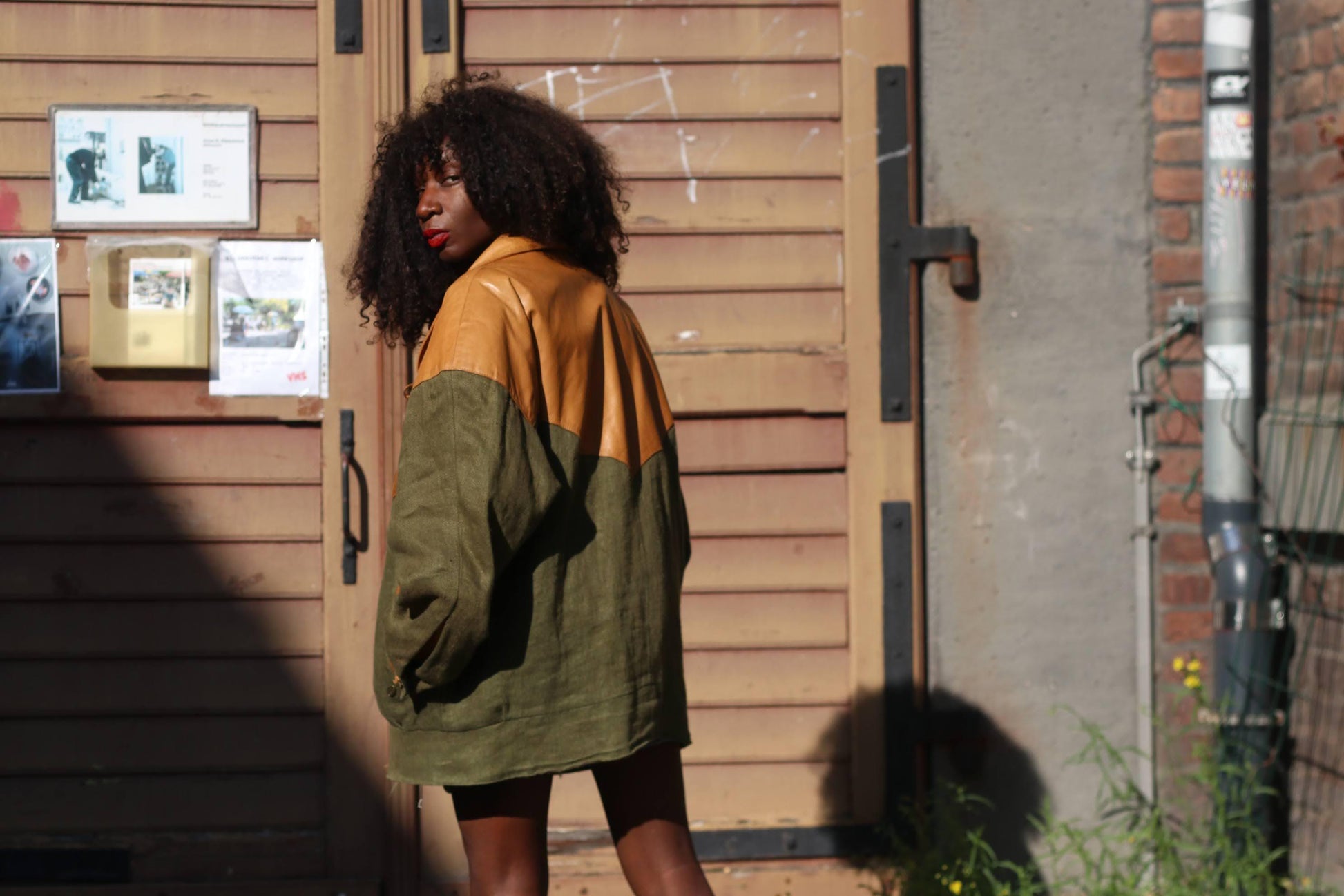 Vintage Leather & Linen Oversized Jacket| Unisex 90s Bomber Style in Tan Olive Green, Statement Outerwear, Retro Streetwear