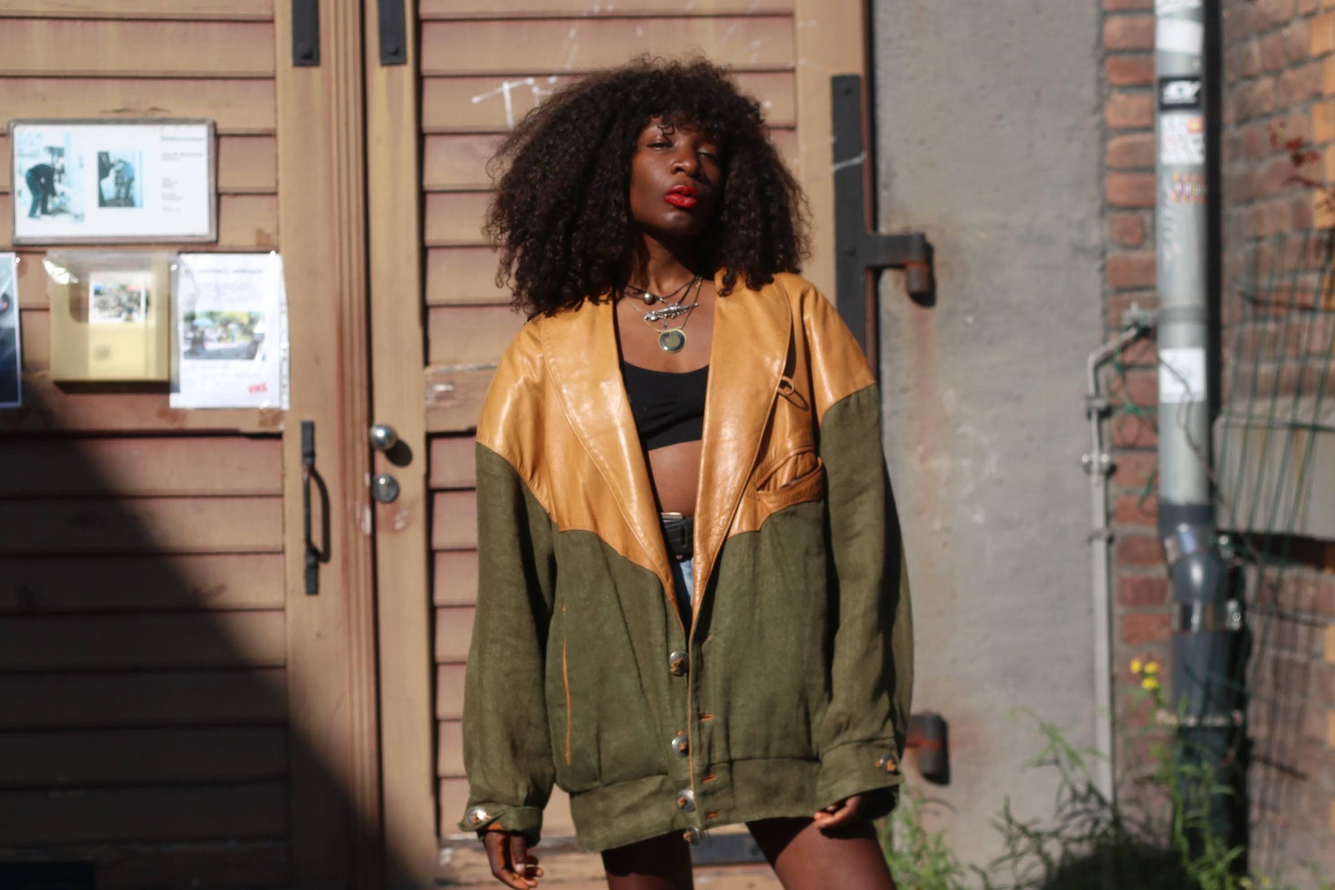 Vintage Leather & Linen Oversized Jacket| Unisex 90s Bomber Style in Tan Olive Green, Statement Outerwear, Retro Streetwear