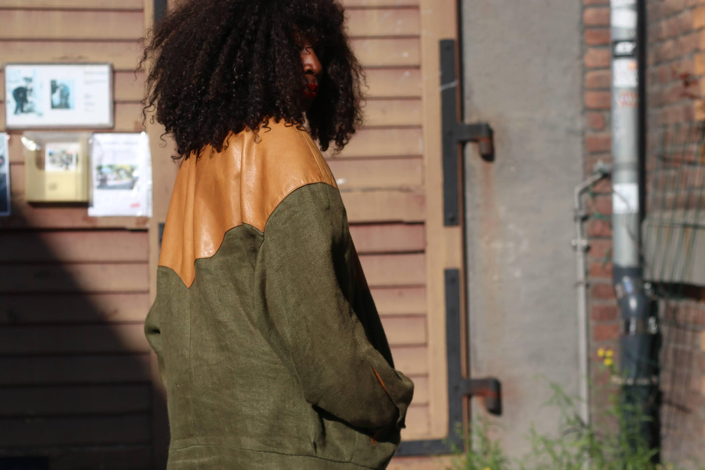 Vintage Leather & Linen Oversized Jacket| Unisex 90s Bomber Style in Tan Olive Green, Statement Outerwear, Retro Streetwear