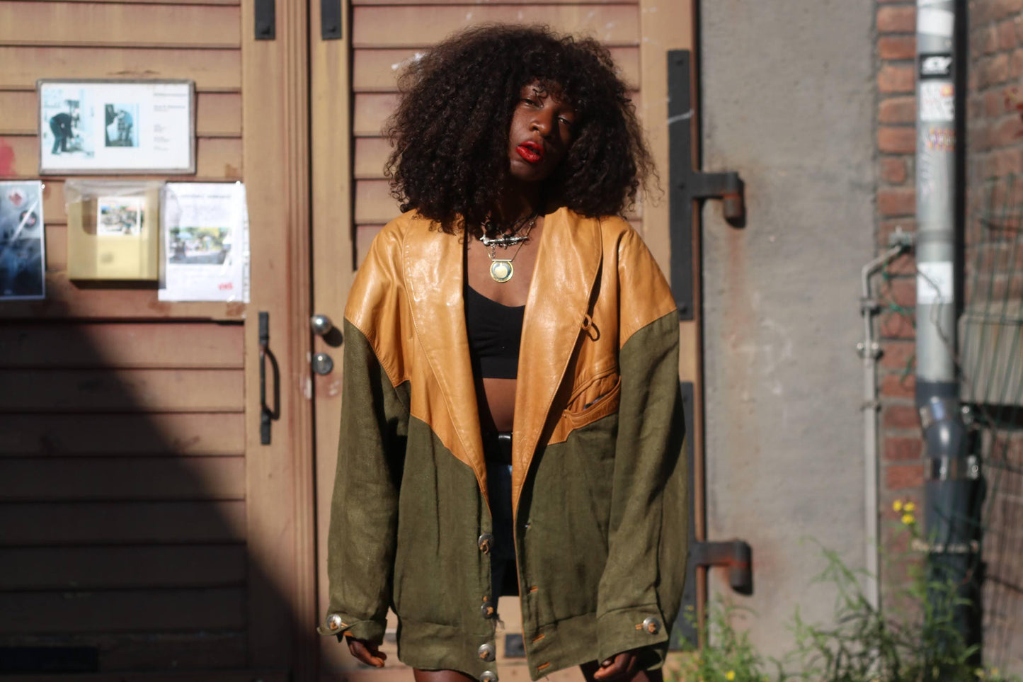 Vintage Leather & Linen Oversized Jacket| Unisex 90s Bomber Style in Tan Olive Green, Statement Outerwear, Retro Streetwear