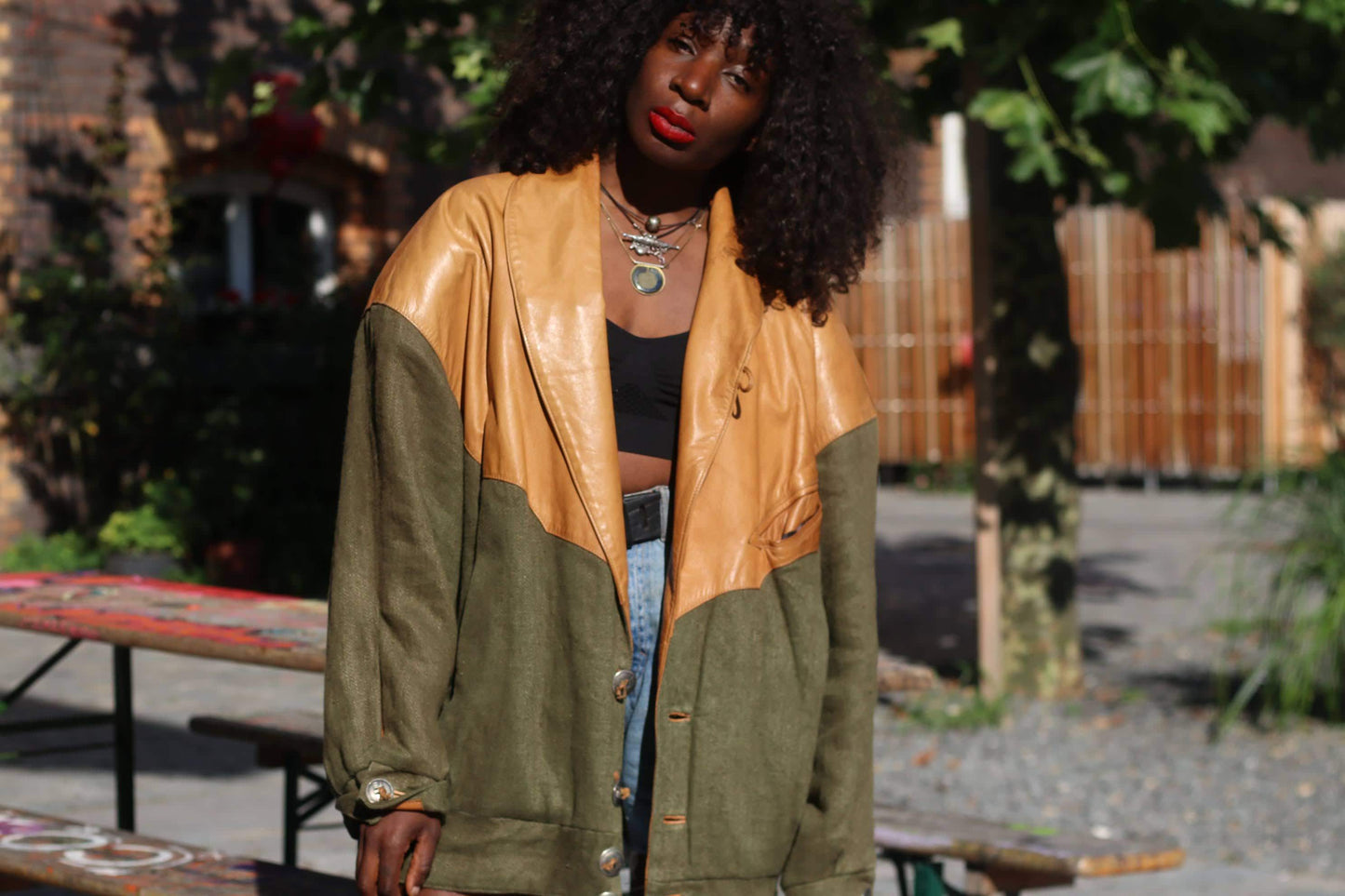 Vintage Leather & Linen Oversized Jacket| Unisex 90s Bomber Style in Tan Olive Green, Statement Outerwear, Retro Streetwear