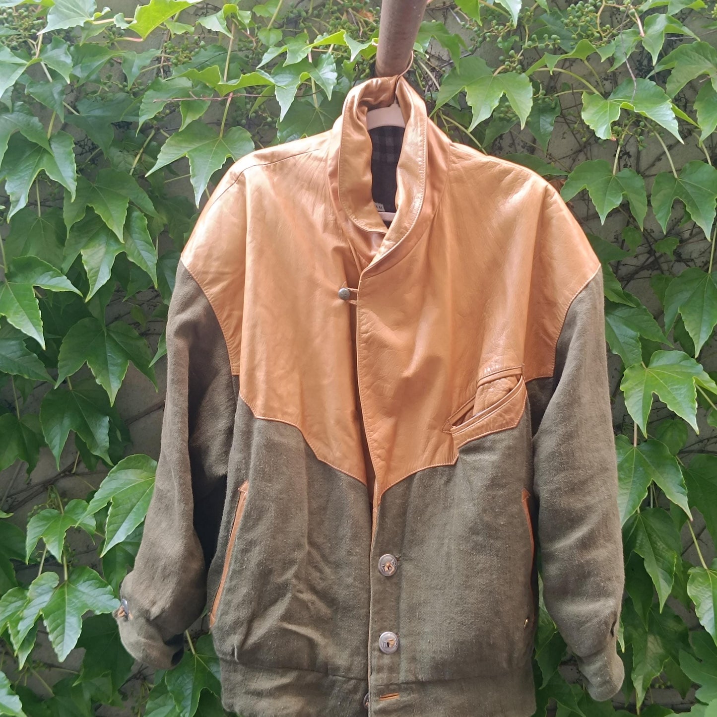 Vintage Leather & Linen Oversized Jacket| Unisex 90s Bomber Style in Tan Olive Green, Statement Outerwear, Retro Streetwear