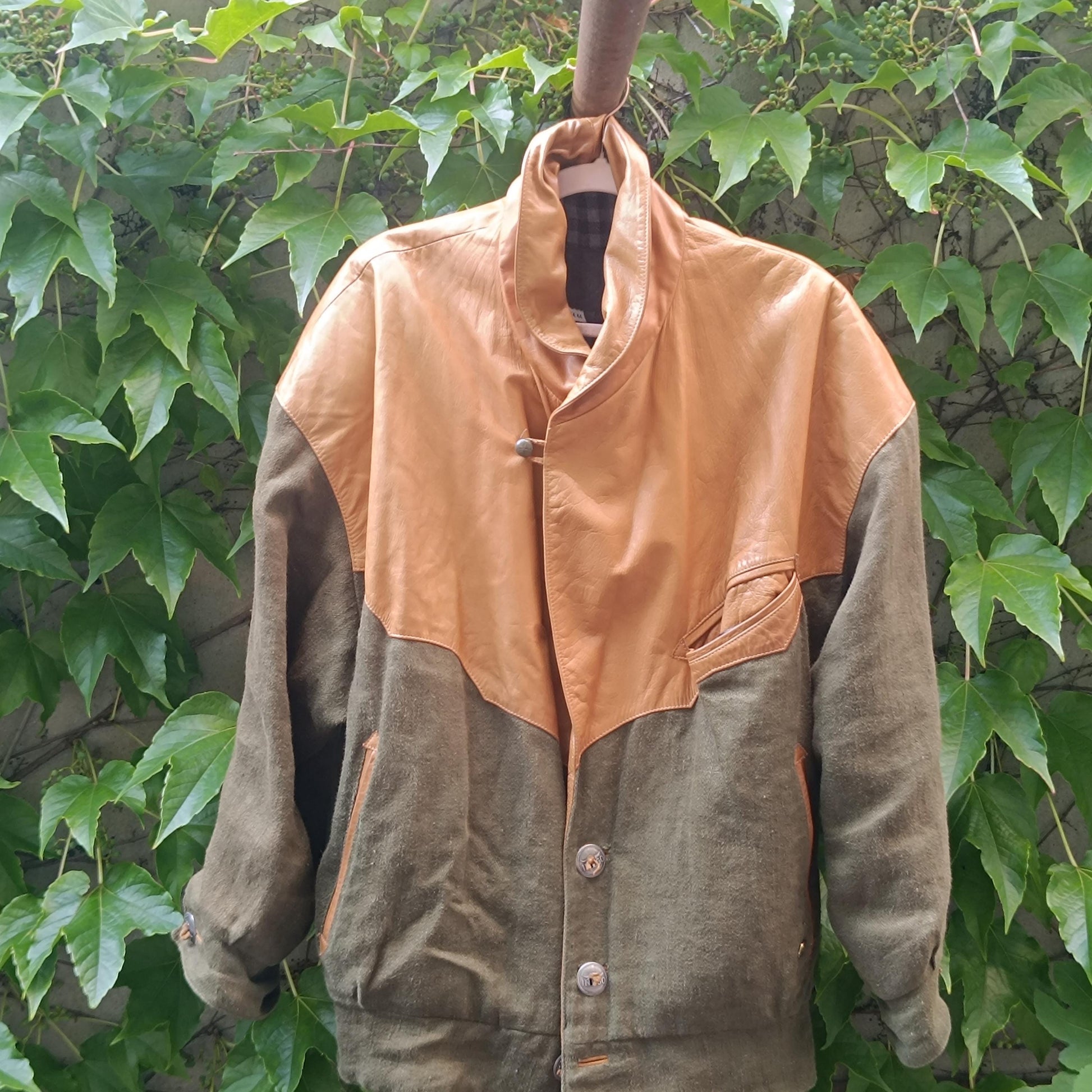 Vintage Leather & Linen Oversized Jacket| Unisex 90s Bomber Style in Tan Olive Green, Statement Outerwear, Retro Streetwear