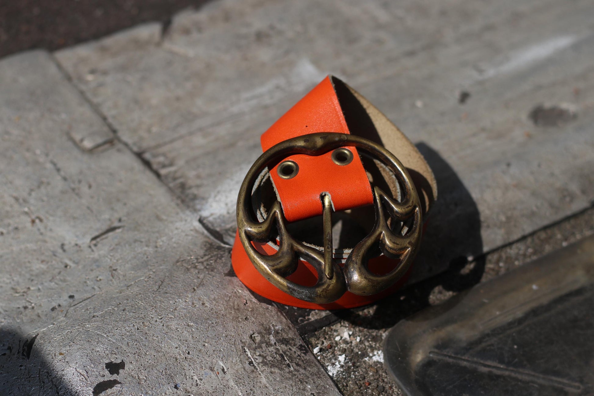 Vintage Orange Leather Belt, Wide Statement Belt, Ornate Brass Buckle, Women's Unique Accessory