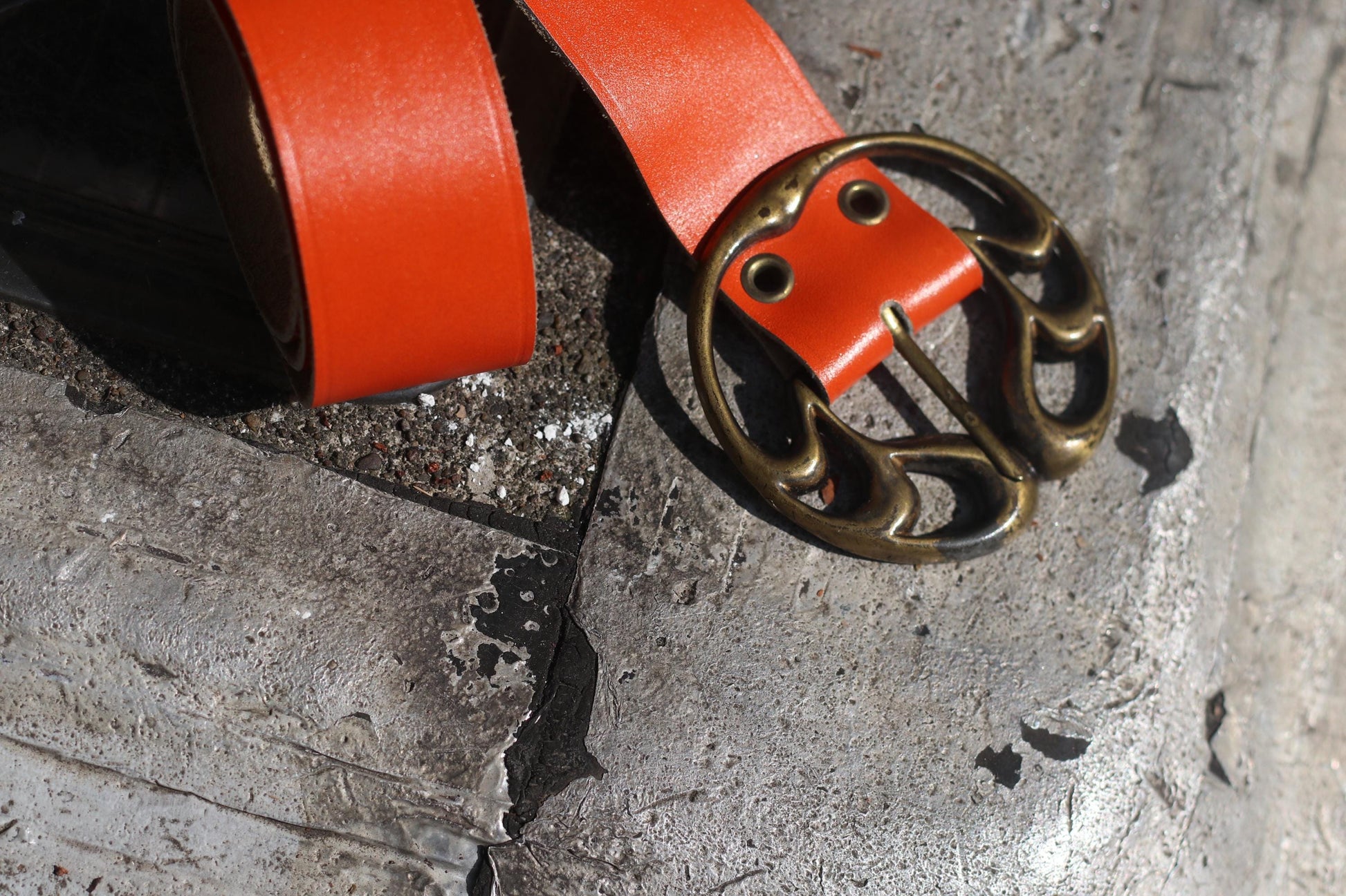 Vintage Orange Leather Belt, Wide Statement Belt, Ornate Brass Buckle, Women's Unique Accessory