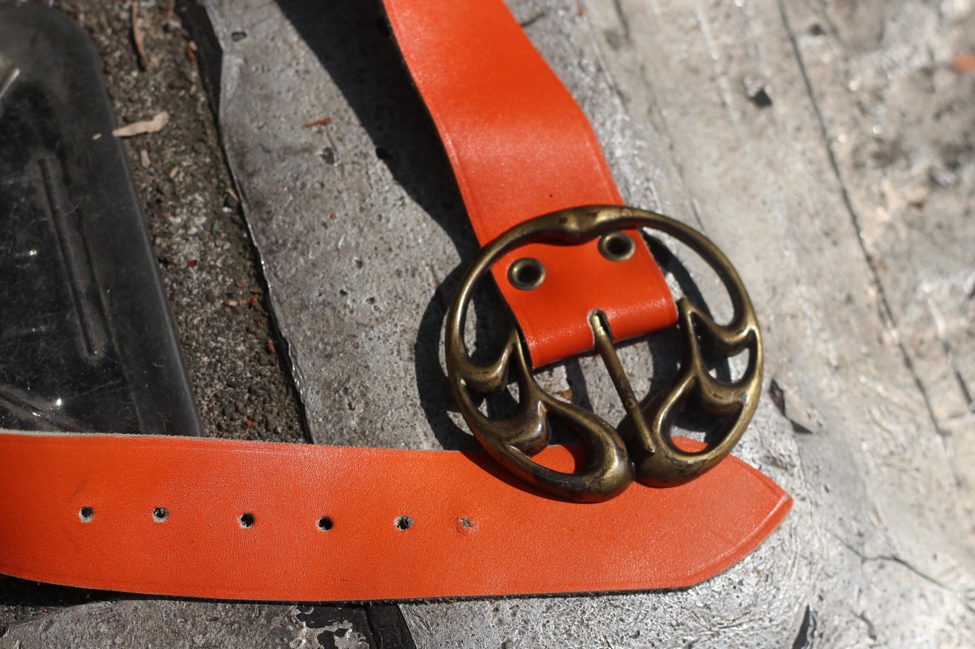 Vintage Orange Leather Belt, Wide Statement Belt, Ornate Brass Buckle, Women's Unique Accessory