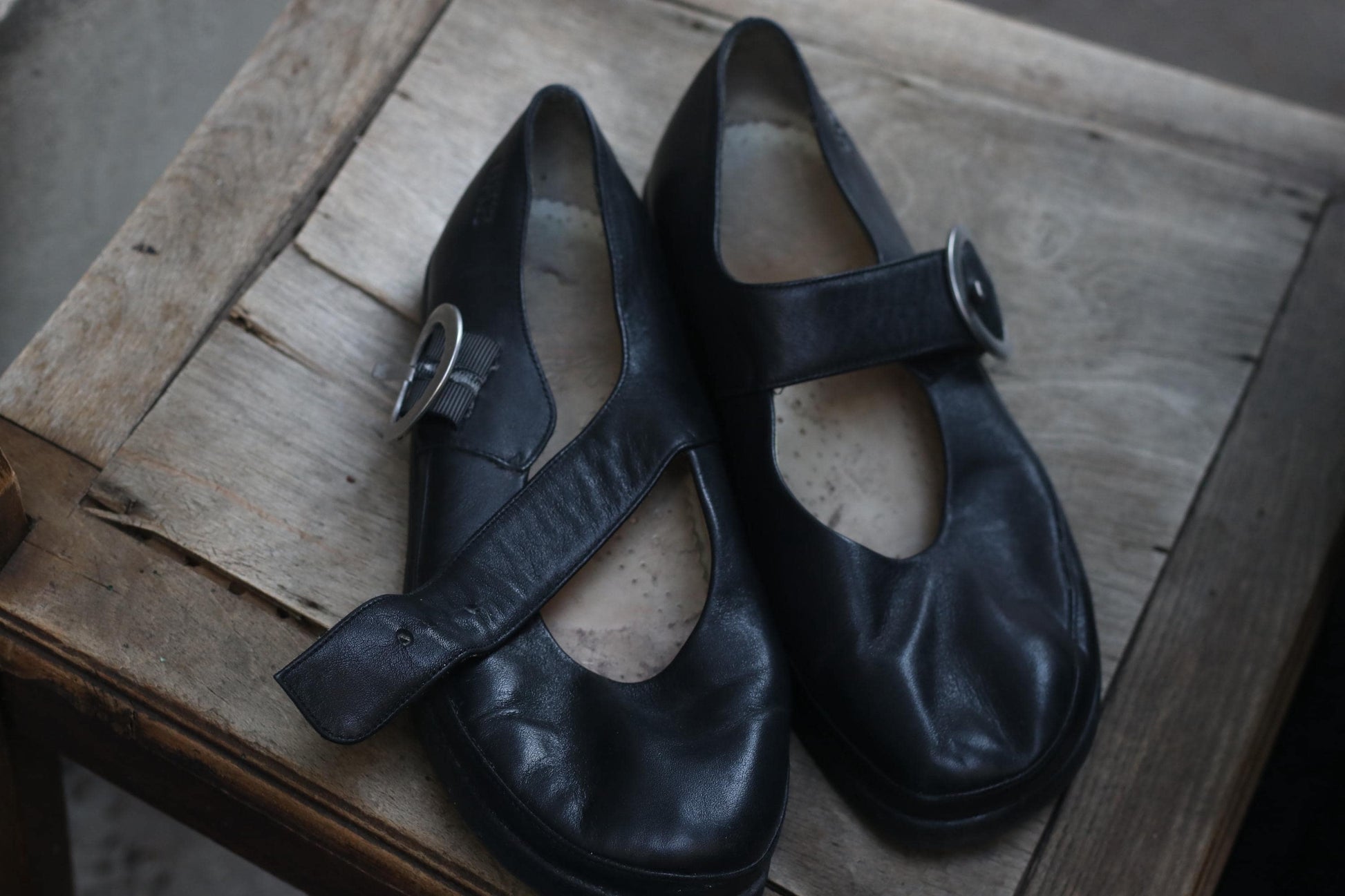 Vintage BÄR Black Leather Mary Jane Shoes Silver Buckle Strap 90s Minimalist