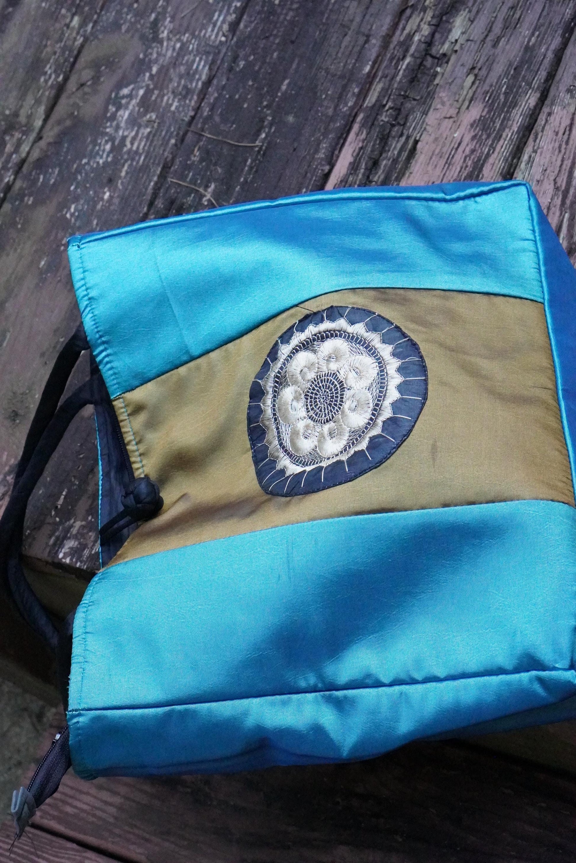 Vintage Thai Blue Gold Embroidered Shoulder Bag Zipper Tote Handbag