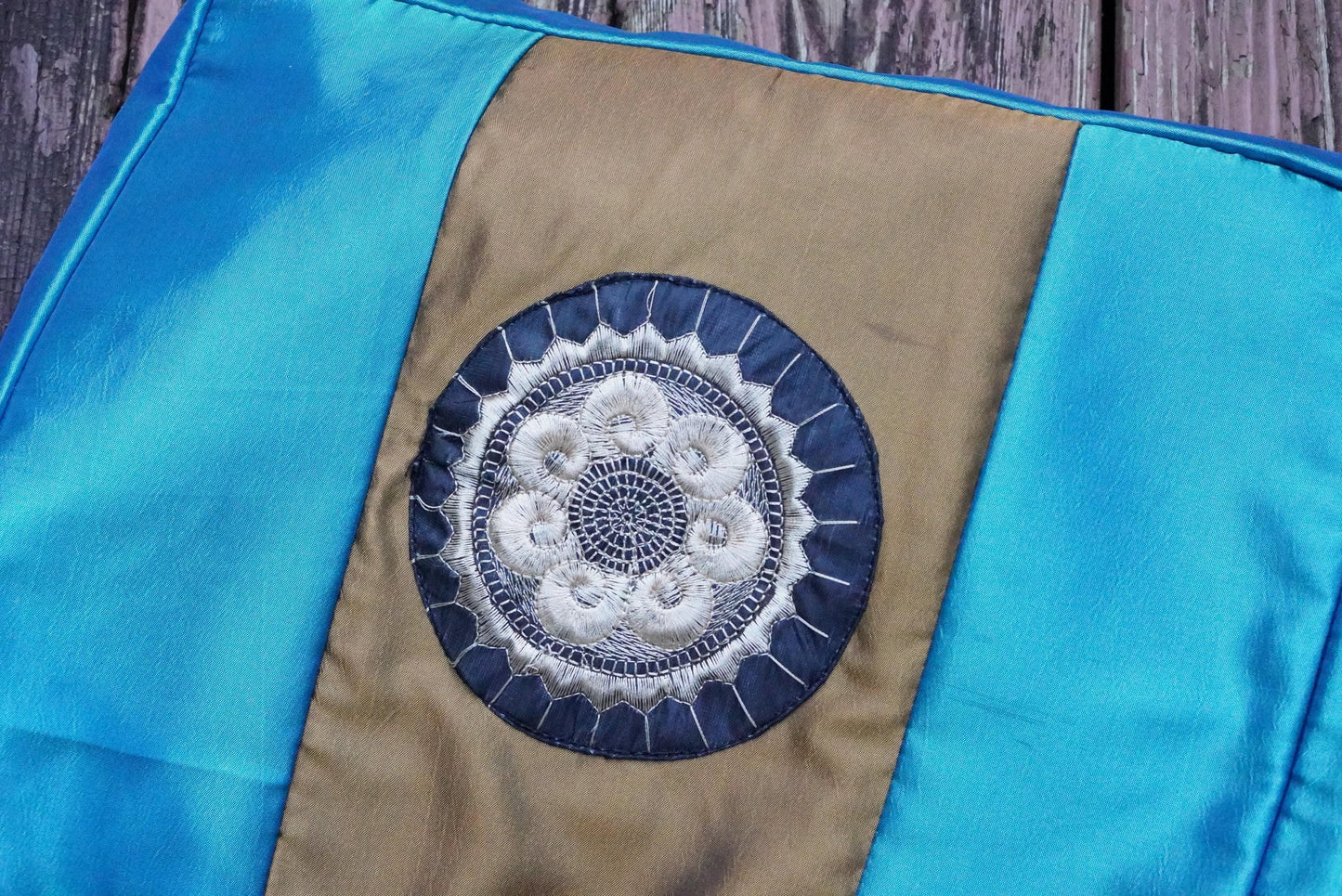 Vintage Thai Blue Gold Embroidered Shoulder Bag Zipper Tote Handbag