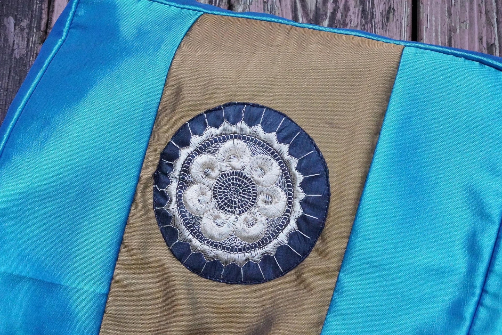 Vintage Thai Blue Gold Embroidered Shoulder Bag Zipper Tote Handbag