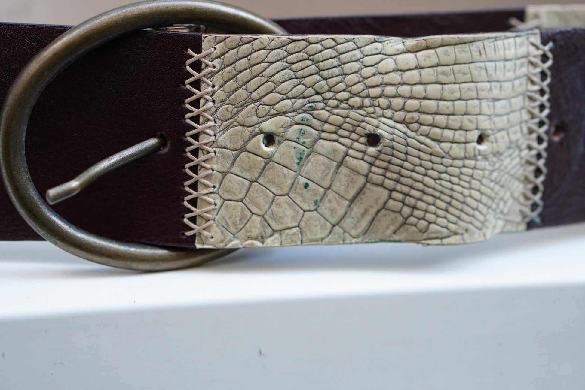 Vintage Croc Embossed Brown Leather Belt: Handmade Italian Brass Buckle