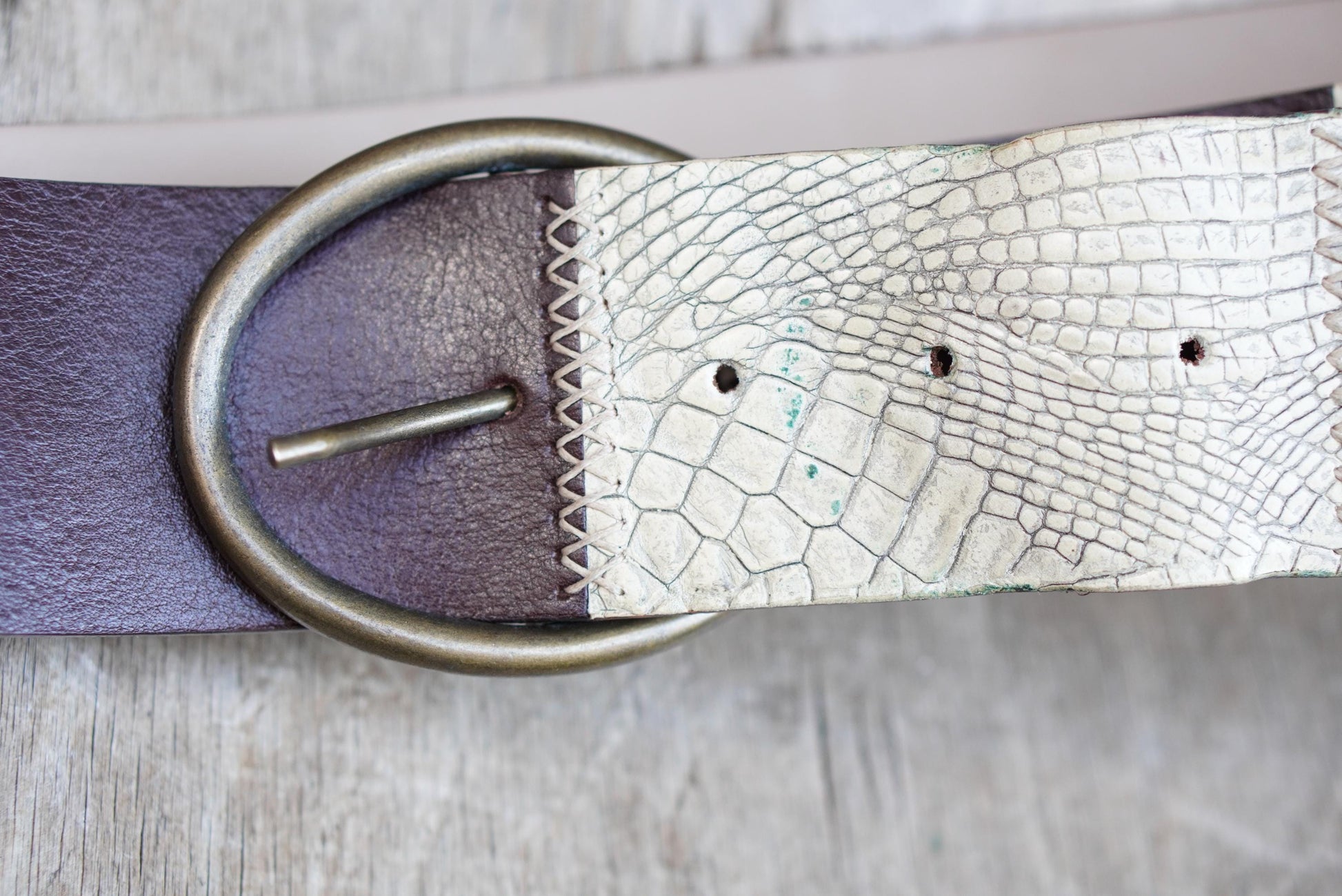 Vintage Croc Embossed Brown Leather Belt: Handmade Italian Brass Buckle