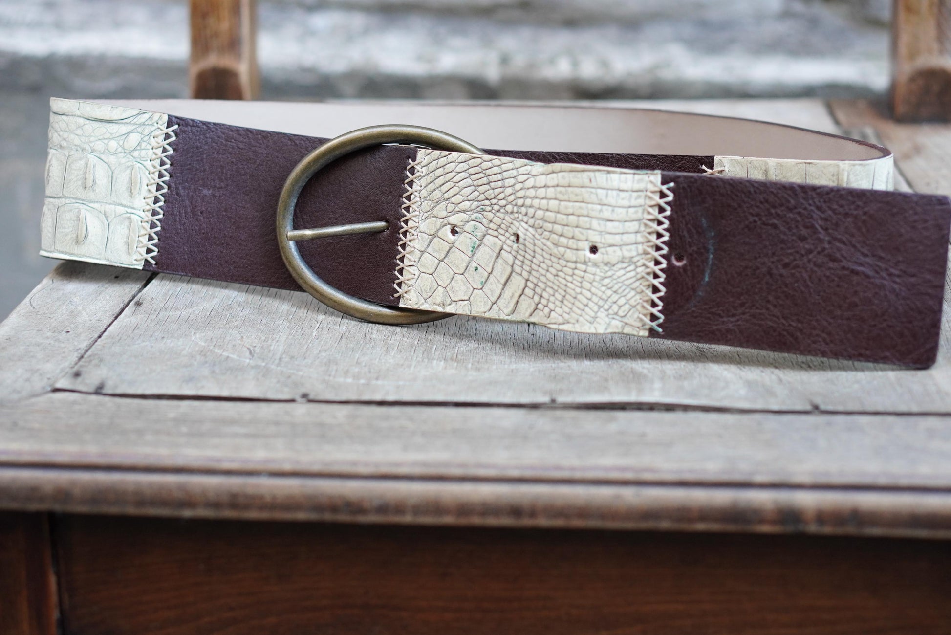 Vintage Croc Embossed Brown Leather Belt: Handmade Italian Brass Buckle