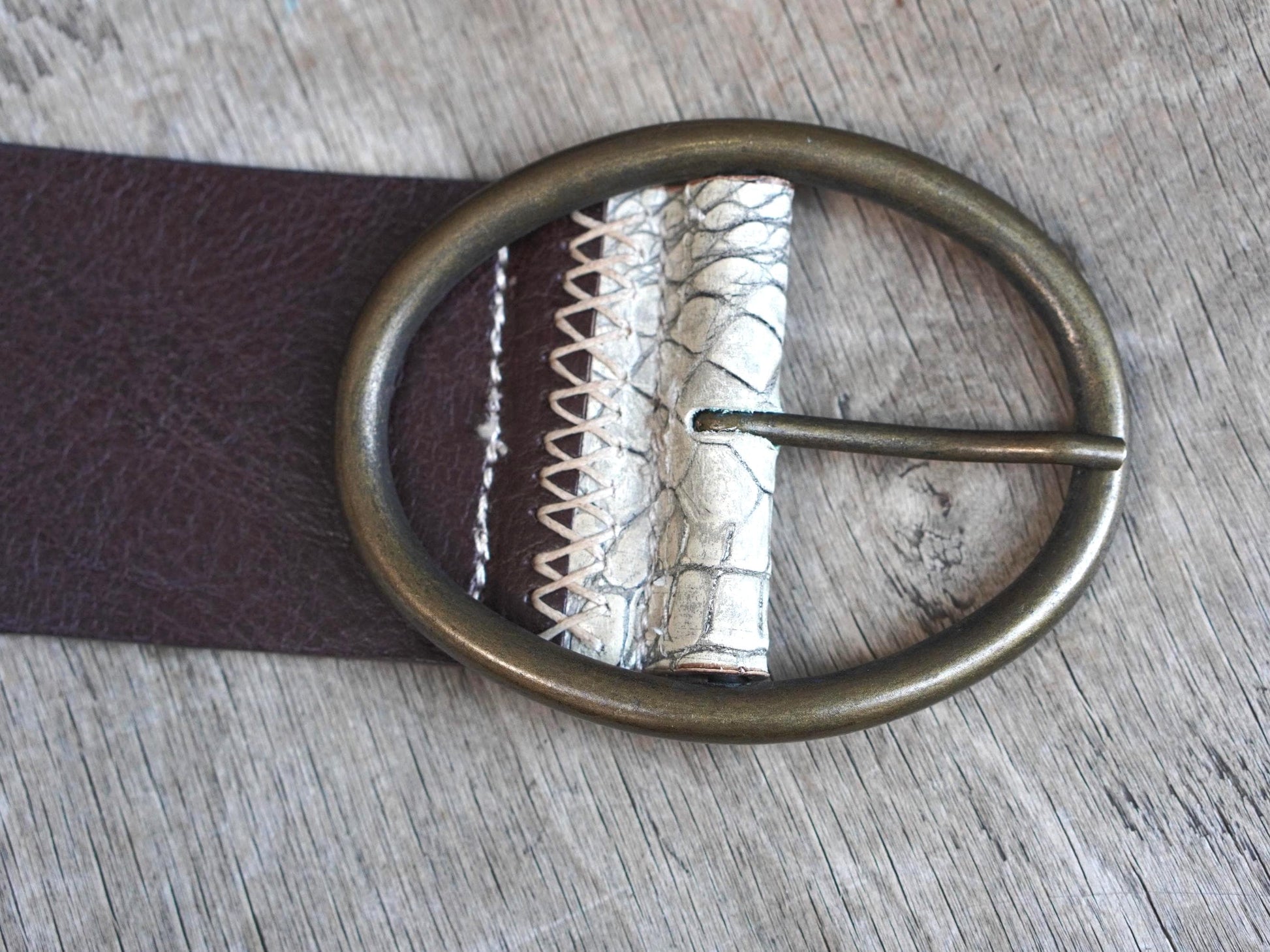 Vintage Croc Embossed Brown Leather Belt: Handmade Italian Brass Buckle