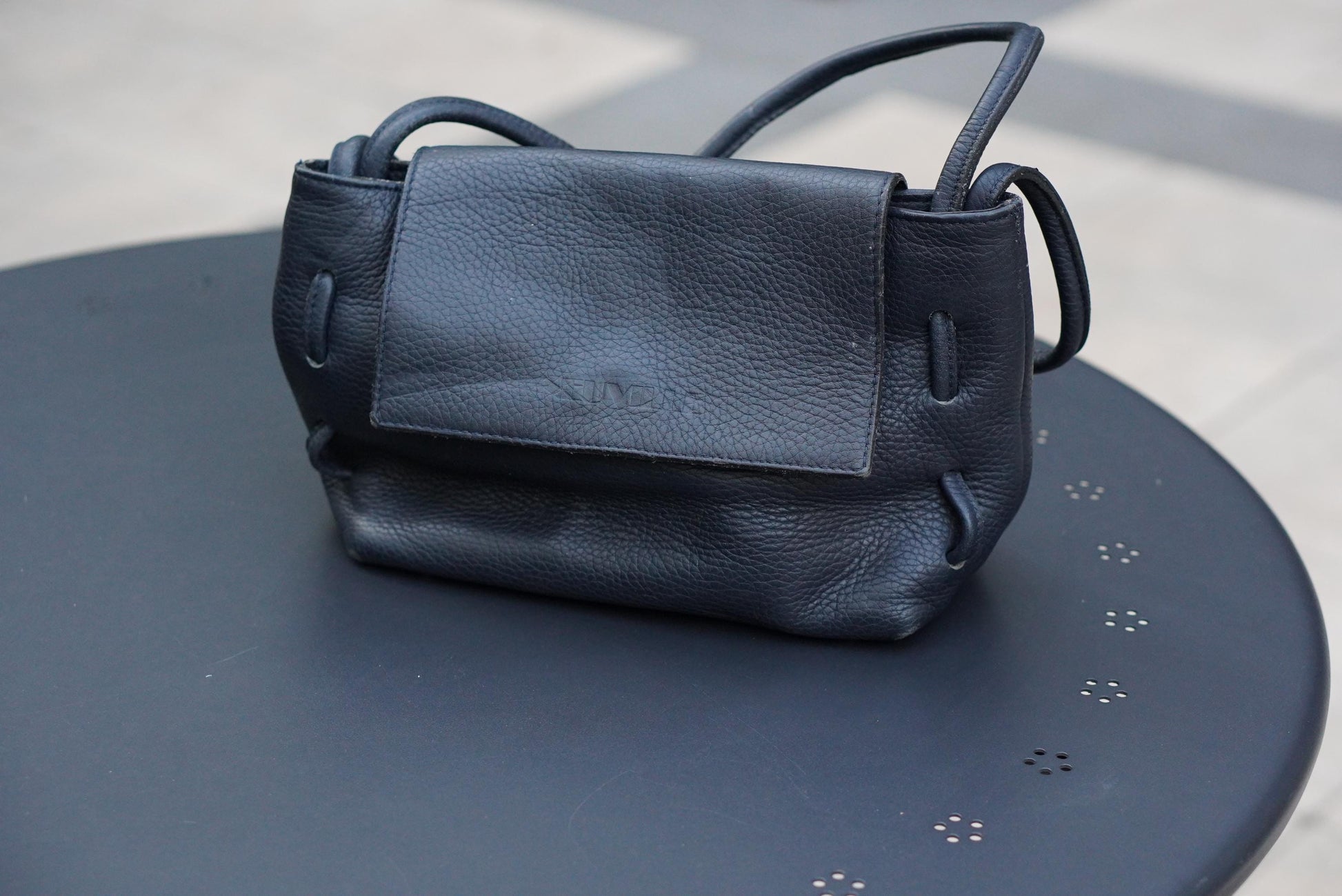 Vintage 90s Navy Grained Leather Mini Flap Bag: Metallic Closure