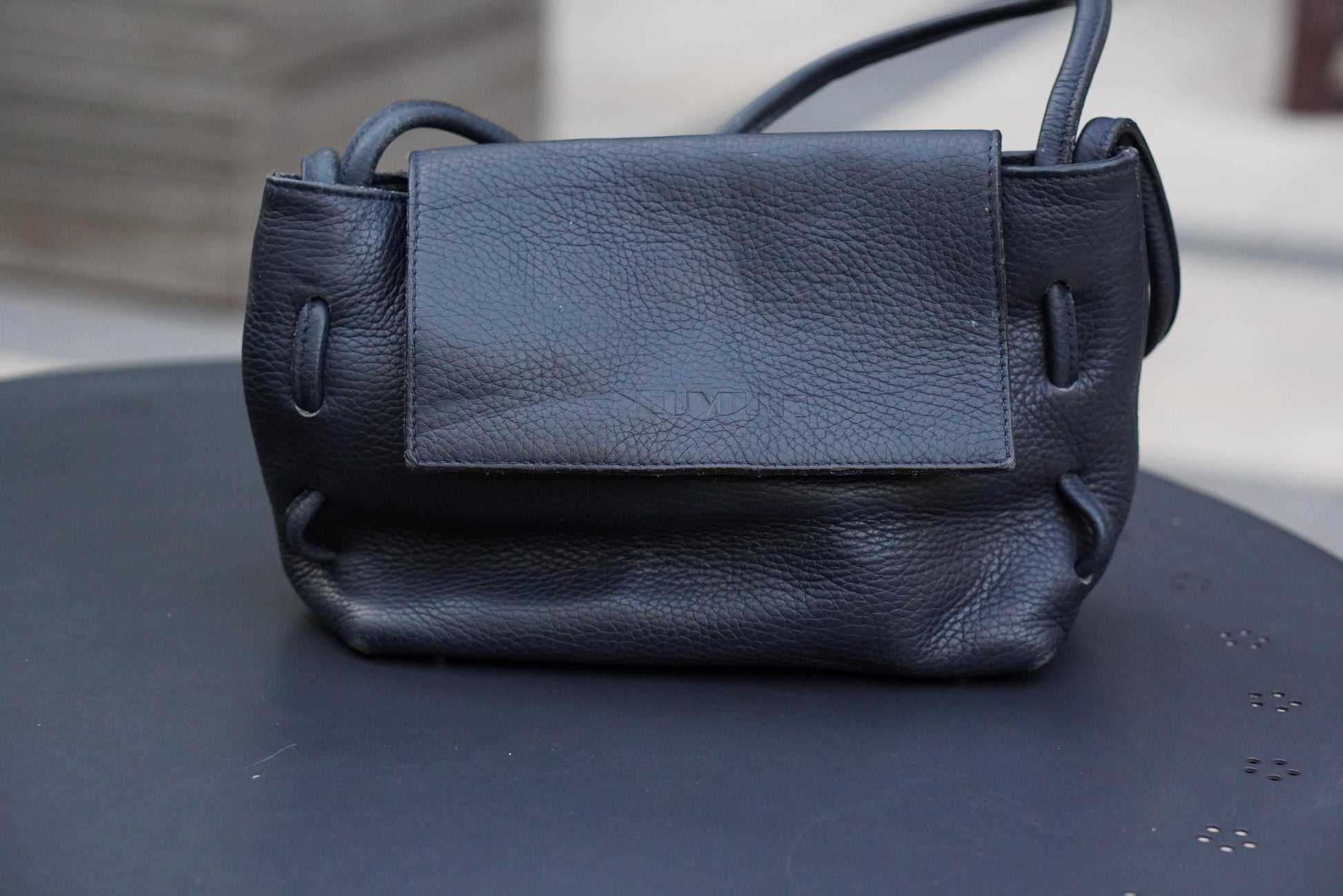 Vintage 90s Navy Grained Leather Mini Flap Bag: Metallic Closure