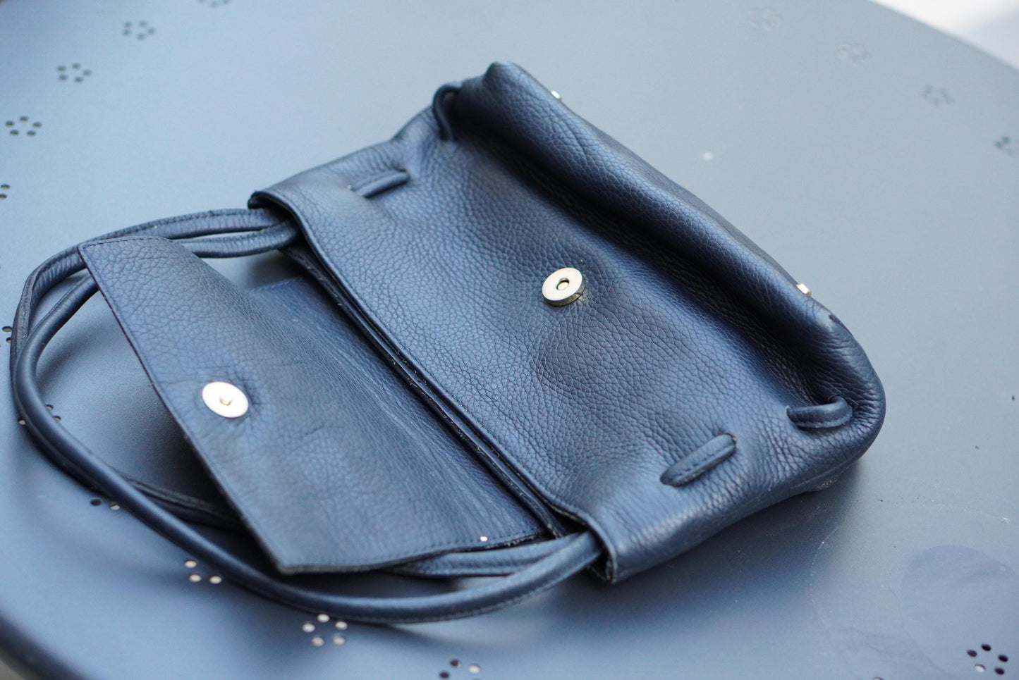 Vintage 90s Navy Grained Leather Mini Flap Bag: Metallic Closure