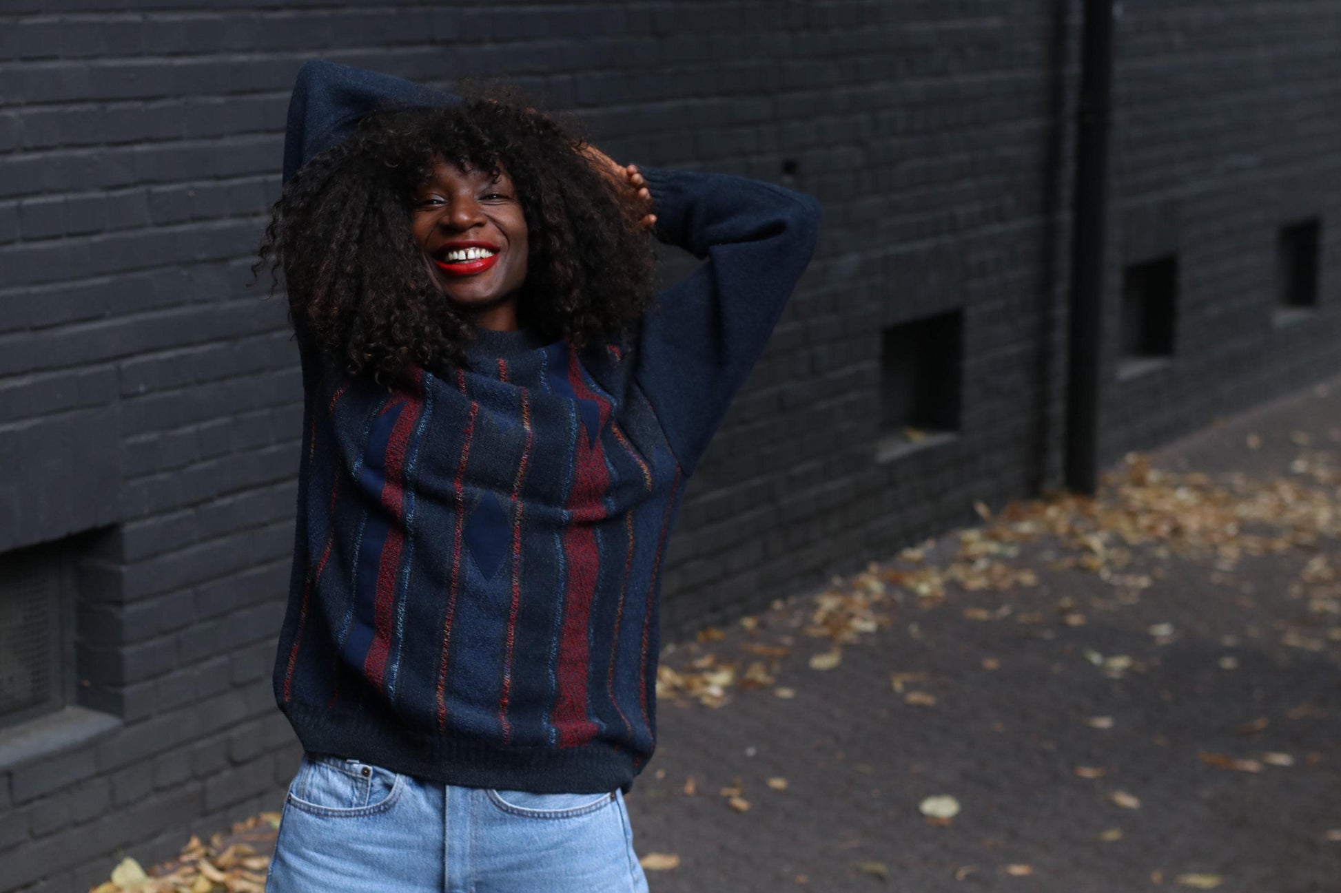 Vintage 90s Navy Blue Sweater – Cozy Stripes Argyle Pullover, Textured Knit, Unisex Retro Jumper