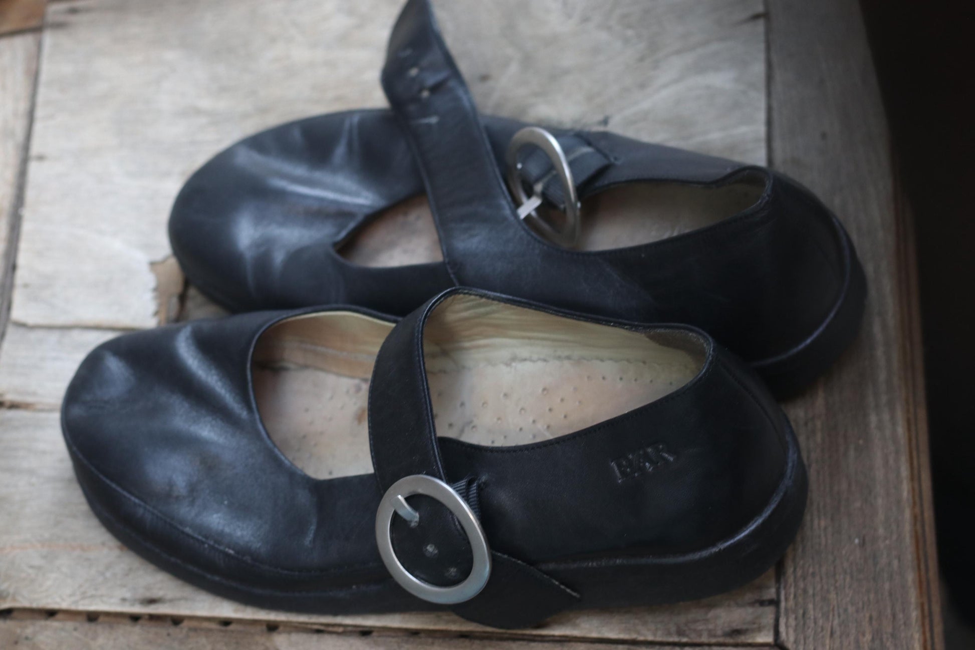Vintage BÄR Black Leather Mary Jane Shoes Silver Buckle Strap 90s Minimalist